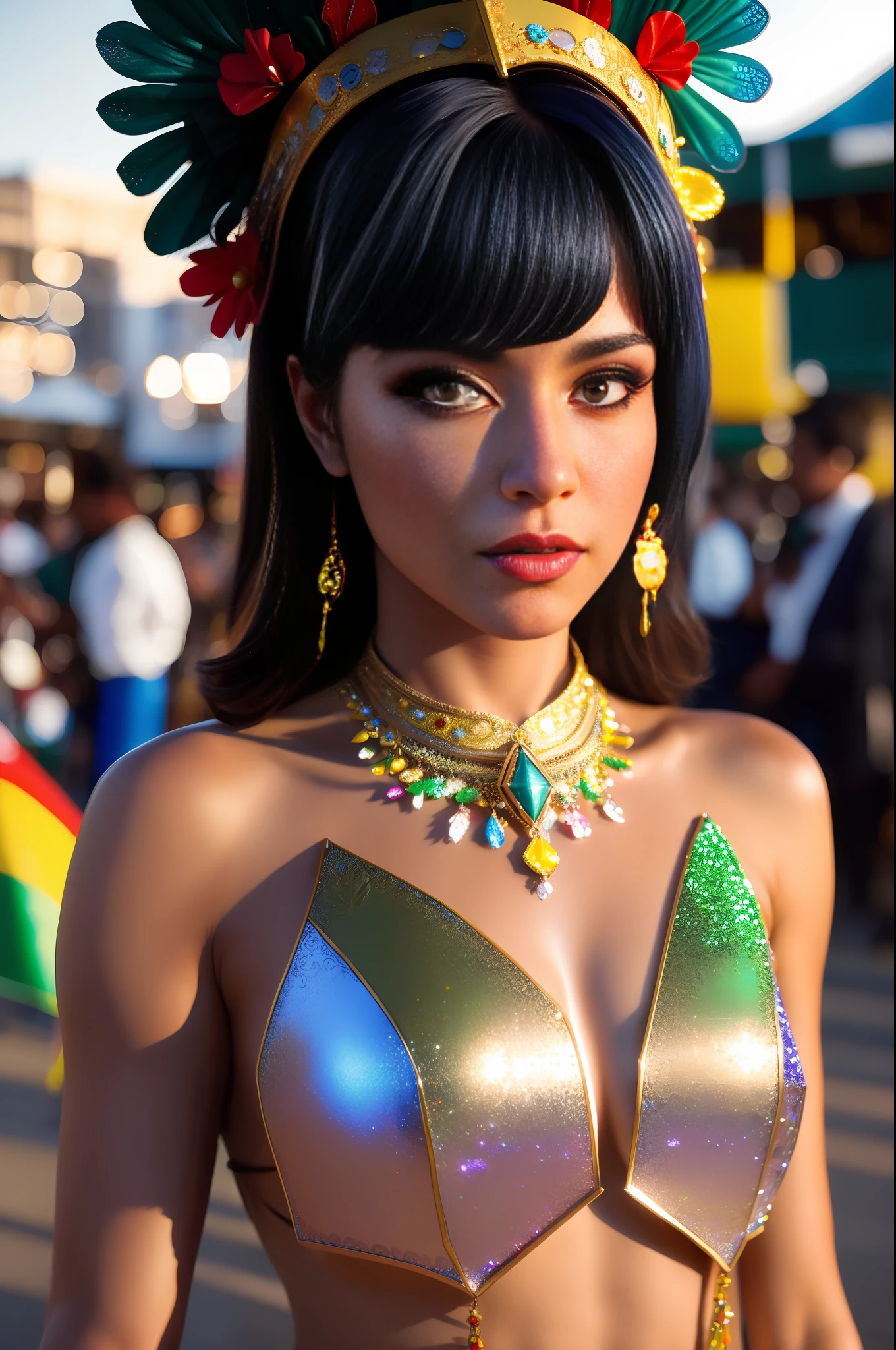 BZCCostume, (Colorfull:1.2), deep shadow, (Brazil Carnival Parade Background:1.3), ((photogenic, rule of thirds)), RAW photo of (Brazilian woman:1.2), half body shot, silvered ombre hair, (high detailed face:1.3), (high detailed skin:1.2), detailed skin, skin imperfections, honey skin, highly detailed woman, glitter skin tone, Chocolate skin tone, (complete eyes, complete face:1.1),(shiny eyes:1.2), extremely detailed eyes and face, piercing crimsone red eyes, bangs, frills,wearing an extremely detailed BZCCostume in rich colors texture, with an headdress of flowers, short brown curvy hair colors, (medium size:1.4), in UE5 setting and rendering 4x with this photorealistic and dynamic (Large Shot). Captured in stunning 4K and 8K resolution, Utilizing advanced camera equipment, including Kodak Funsaver disposable camera, sharp focus, film grain, Fujifilm XT3, dynamic lighting, shadows, (photo taken in the morning sun, back lit:1.2)