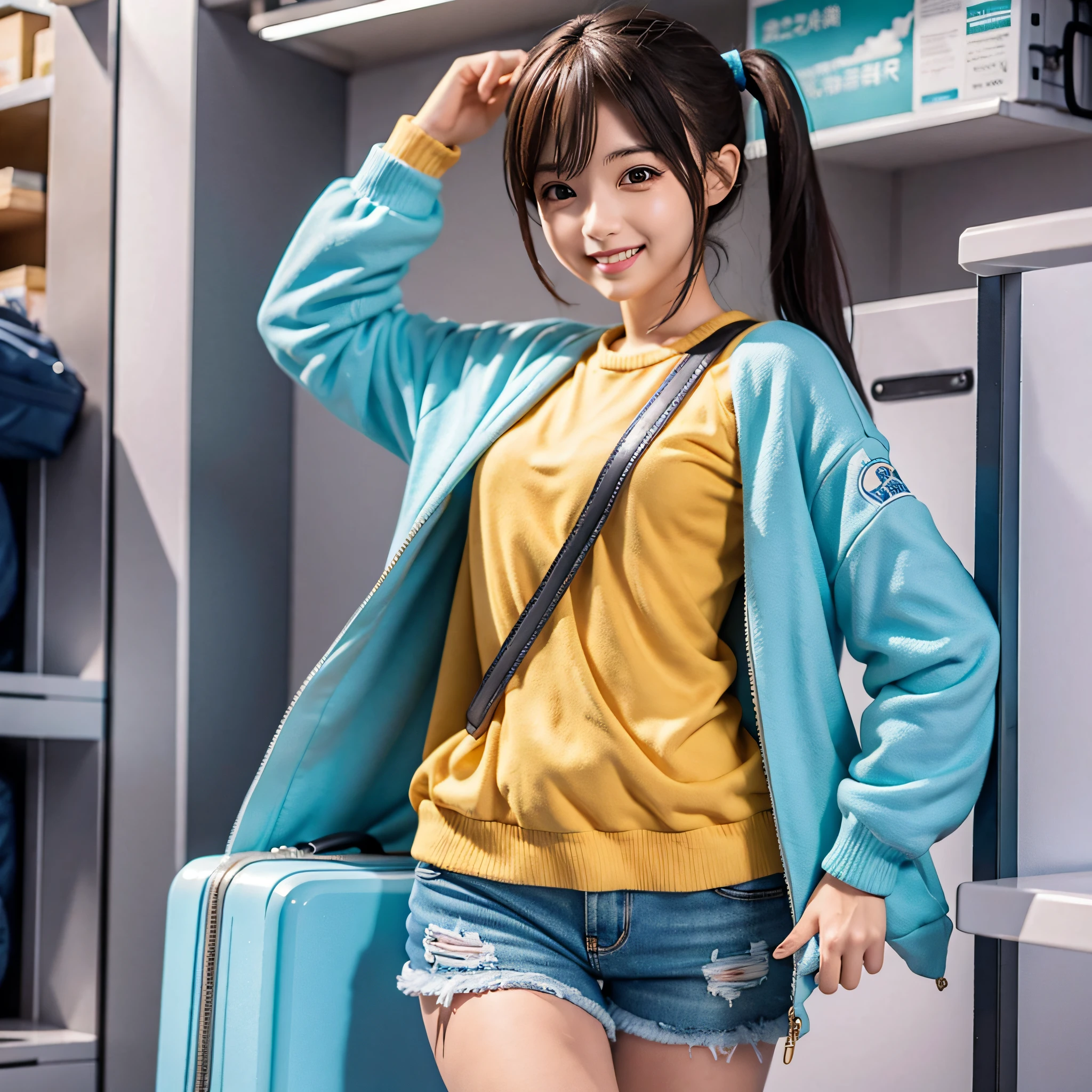 courier, woman, anime character, neat and clean, cute girl, luggage, rush, smile, fresh, cute