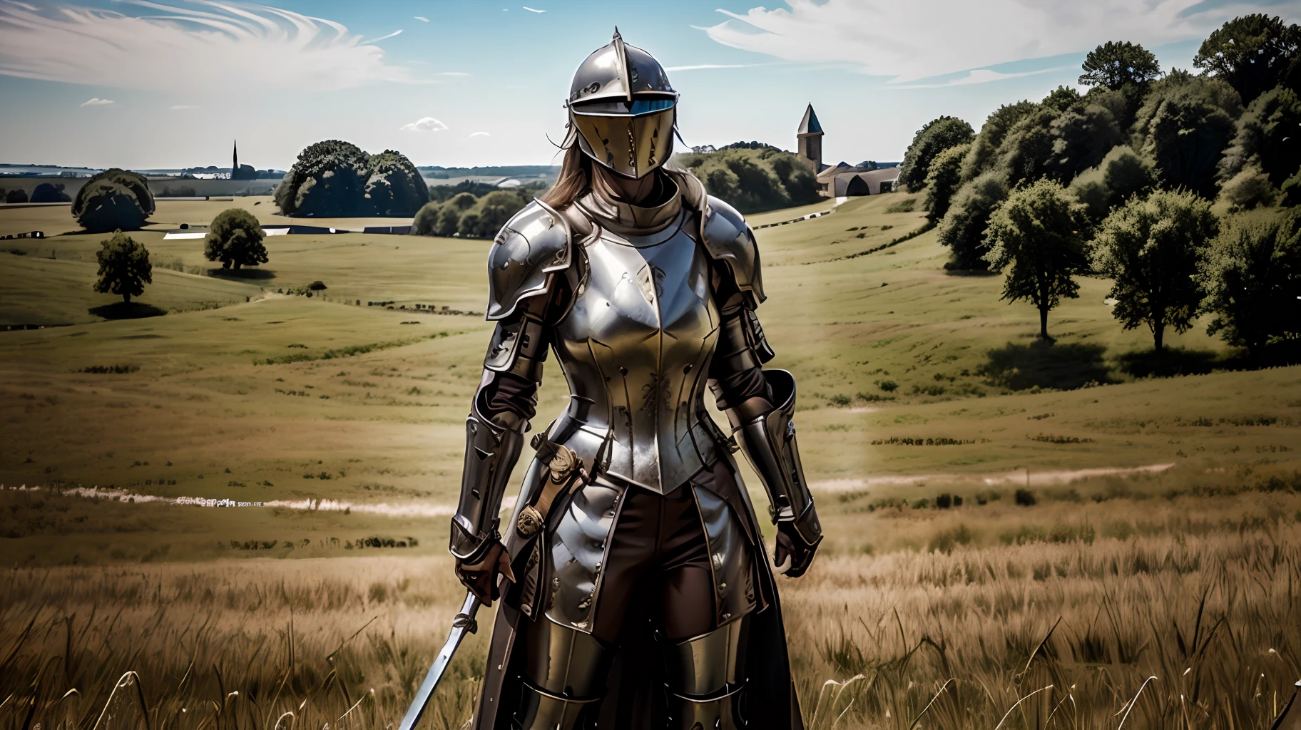Masterpiece, best quality, baroque, realistic, 1girl, white medieval armor, upper body, looking at the viewer, open field, battlefield, catapult