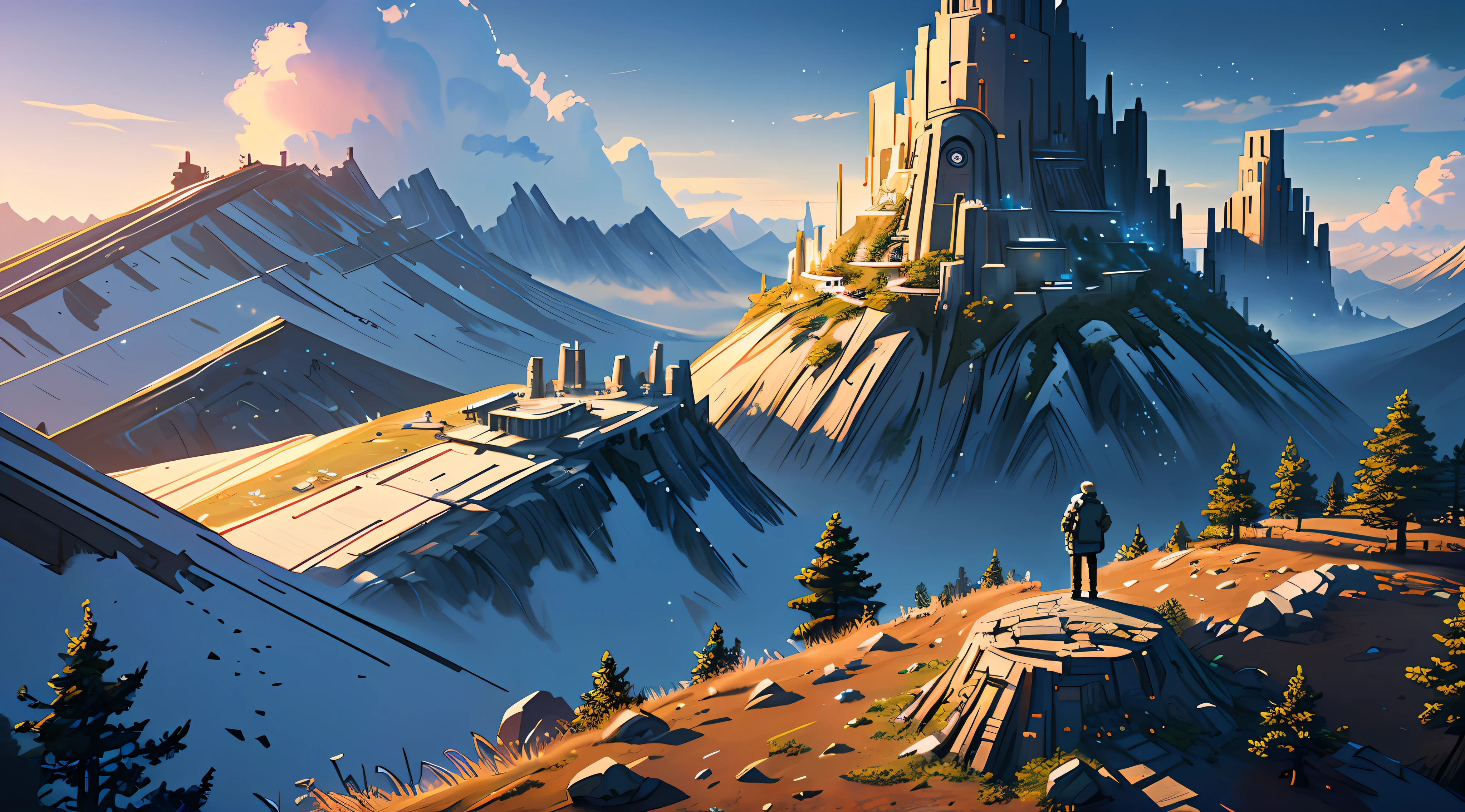 (8k unit wallpaper CG extremely detailed, masterpiece, best quality, ultra-detailed), (((solo)))), a jedi on a hill looking at a city in the distance, Star Wars style, (high detail), (intricate details), intricate, incredible high details, highly detailed environment, illustrator, (masterpiece).
