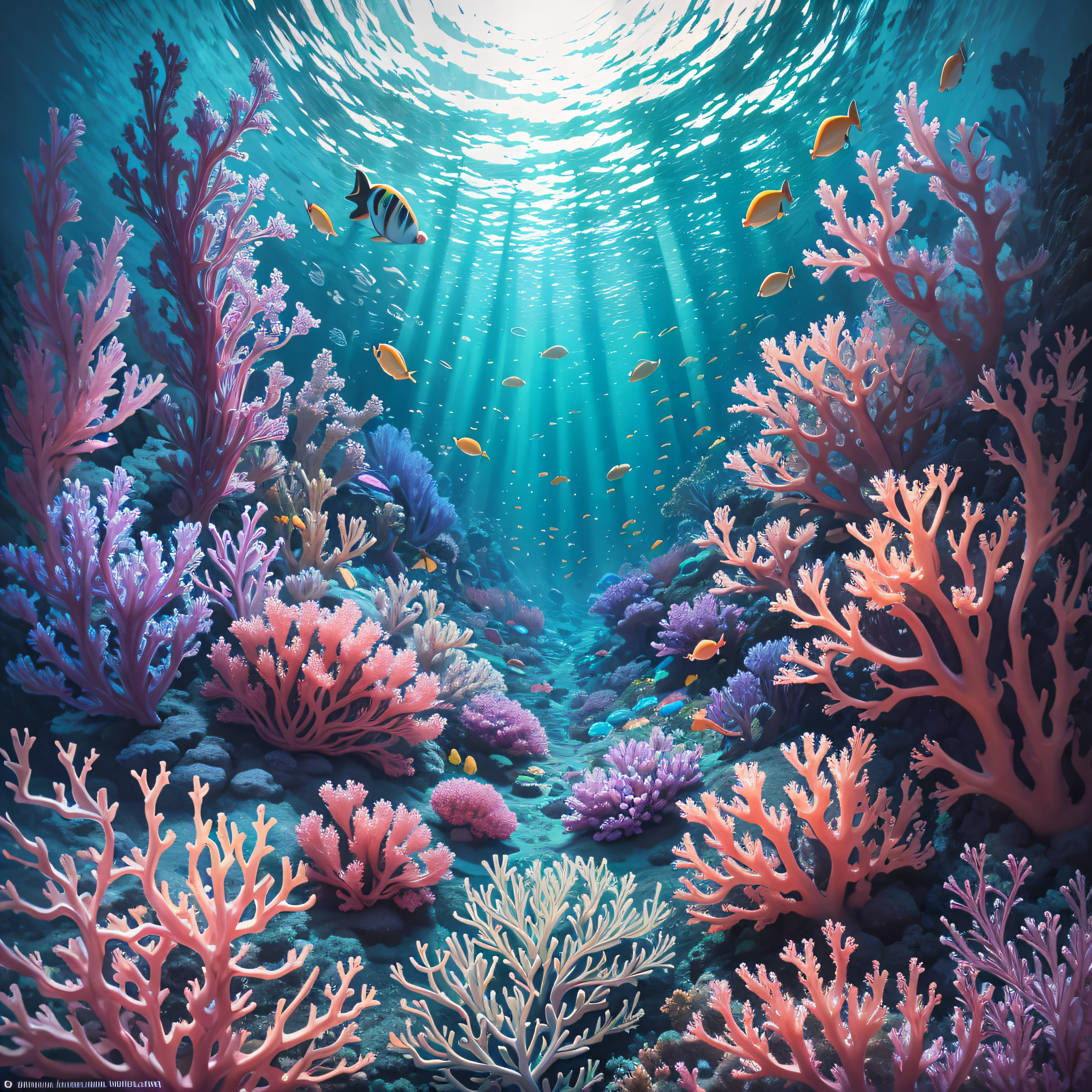 "Underwater Wonders": A crystal-clear, high-definition image of a coral reef teeming with colorful fish, intricate coral formations, and mesmerizing details of the underwater ecosystem, Surrealism, color field printing, high detail, UHD, 8k, anatomically correct, cinematic lighting 4d quality --auto --s2