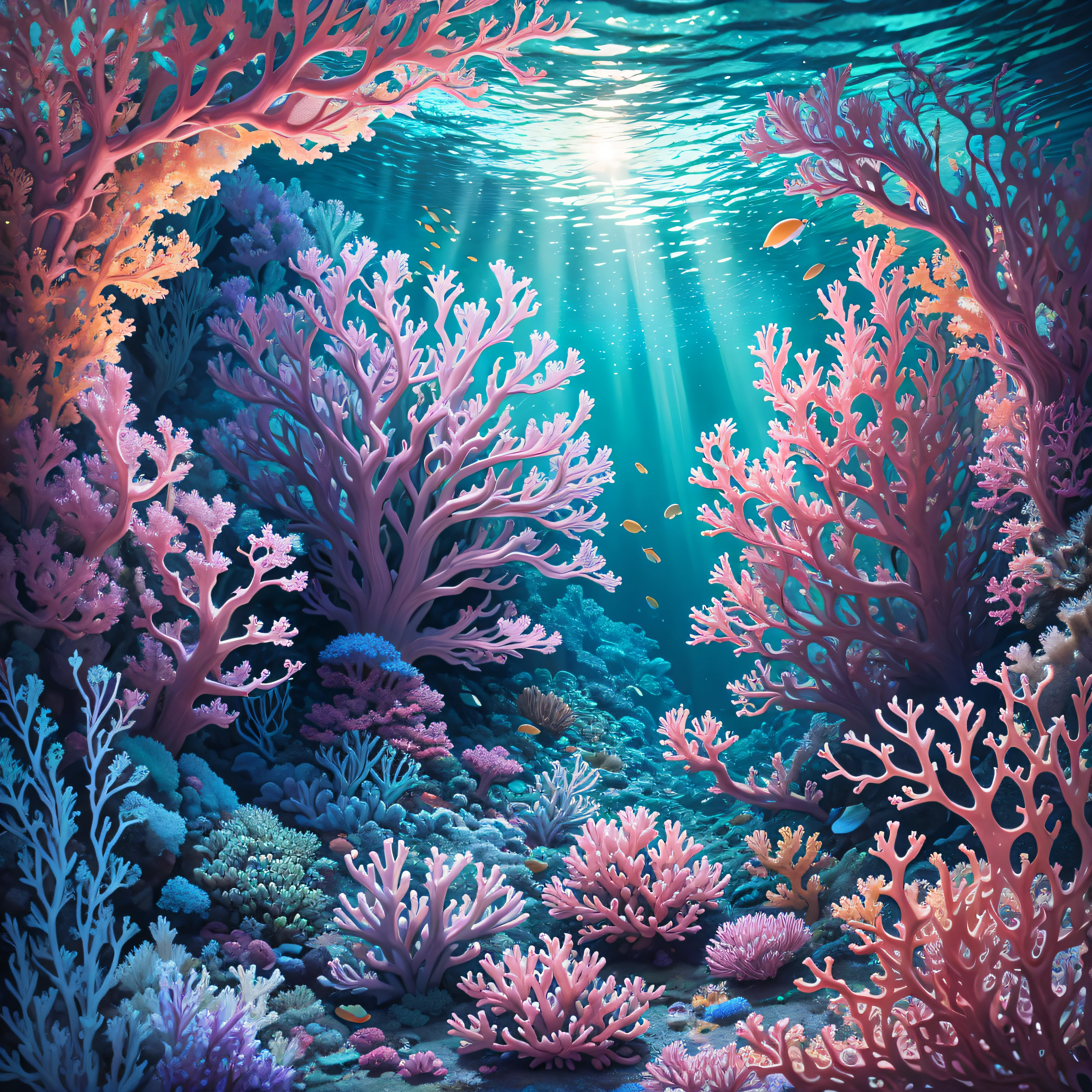 "Underwater Wonders": A crystal-clear, high-definition image of a coral reef teeming with colorful fish, intricate coral formations, and mesmerizing details of the underwater ecosystem, Surrealism, color field printing, high detail, UHD, 8k, anatomically correct, cinematic lighting 4d quality --auto --s2