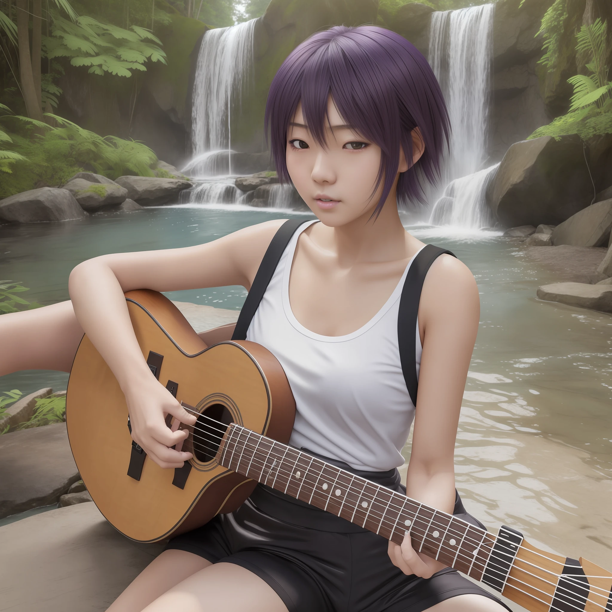 Ultra realistic style, Japanese girl with a sensual look on her face, short hair softly dyed purple, black legging shorts, black t-shirt, white skin color, small ass, small breasts and holding a medium sized guitar, sitting on a wooden bench and a natural landscape with waterfalls, cloudy weather, soft lighting hitting her face.