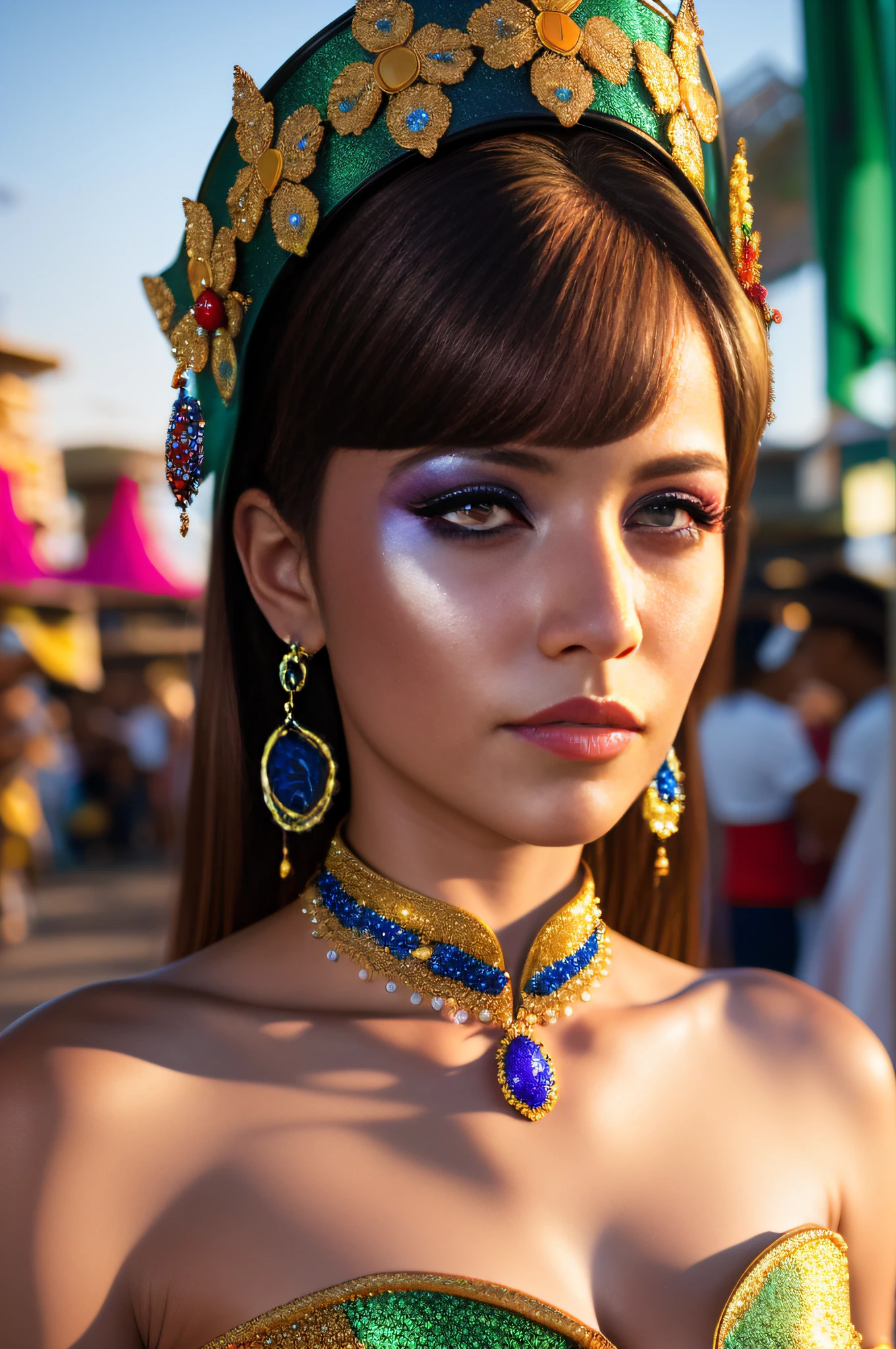 BZCCostume, (Colorfull:1.2), deep shadow, (Brazil Carnival Parade Background:1.3), ((photogenic, rule of thirds)), RAW photo of (Brazilian woman:1.2), half body shot, silvered ombre hair, (high detailed face:1.3), (high detailed skin:1.2), detailed skin, skin imperfections, honey skin, highly detailed woman, glitter skin tone, Chocolate skin tone, (complete eyes, complete face:1.1),(shiny eyes:1.2), extremely detailed eyes and face, piercing crimsone red eyes, bangs, frills,wearing an extremely detailed BZCCostume in rich colors texture, with an headdress of flowers, short brown curvy hair colors, (medium breast size:1.4), in UE5 setting and rendering 4x with this photorealistic and dynamic (Large Shot). Captured in stunning 4K and 8K resolution, Utilizing advanced camera equipment, including Kodak Funsaver disposable camera, sharp focus, film grain, Fujifilm XT3, dynamic lighting, shadows, (photo taken in the morning sun, back lit:1.2)