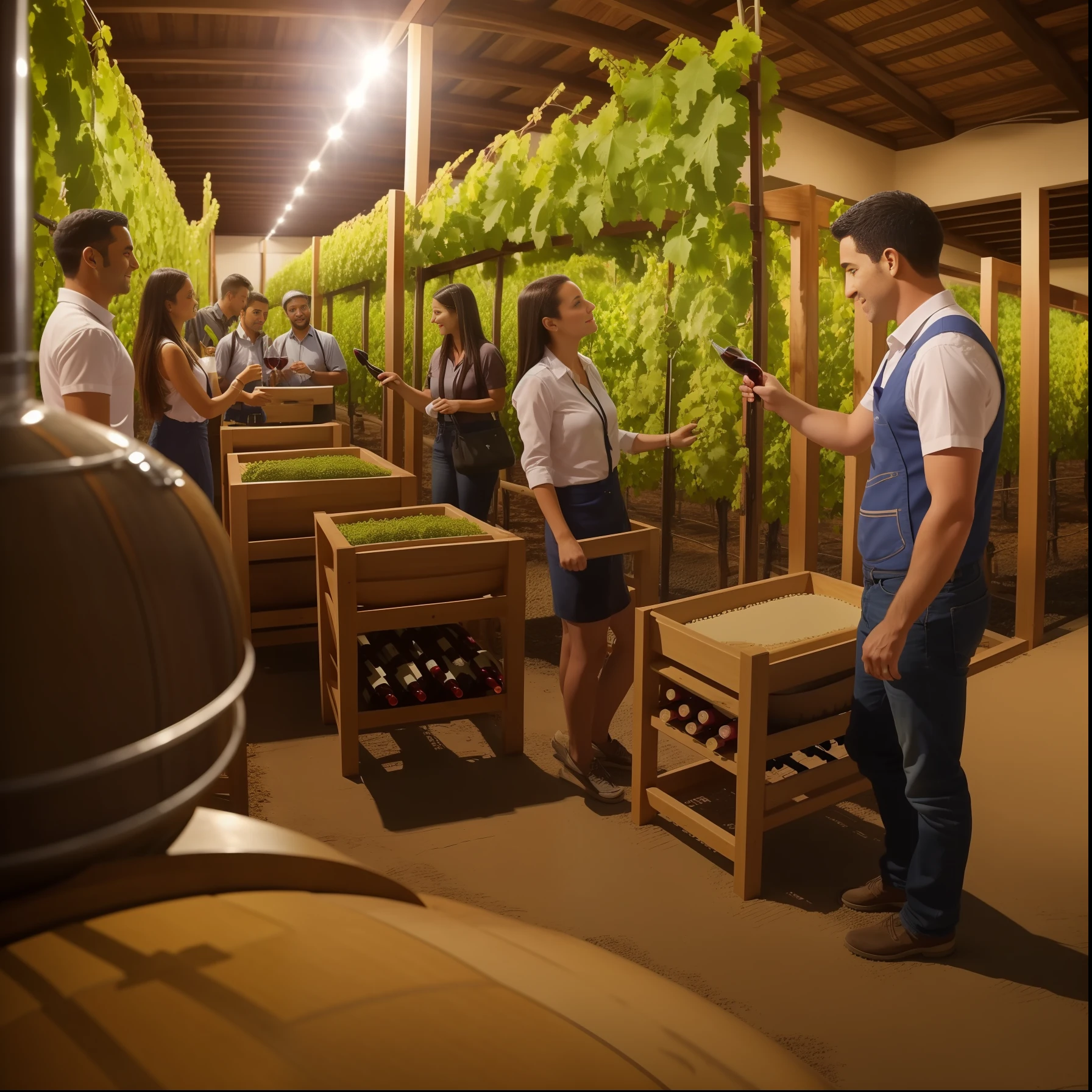 Imagine that you are in a winery and need to explain to a group of tourists how the wine production process happens, from the planting of the grapes to bottling. How would you explain this process in a clear and interesting way?