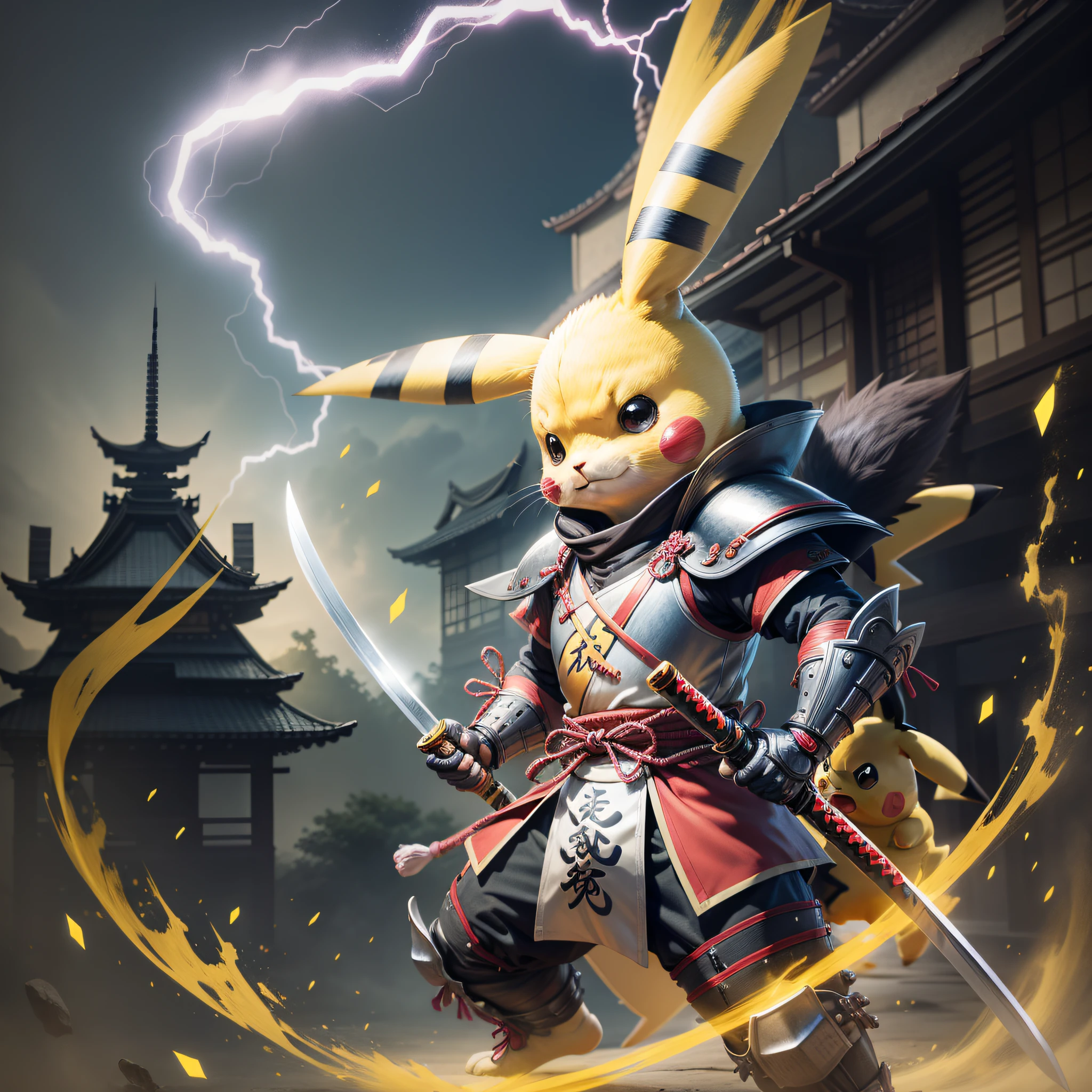 Pikachu as a samurai warrior, anthropomorphic, holding a katana, samurai armor. electric shocks