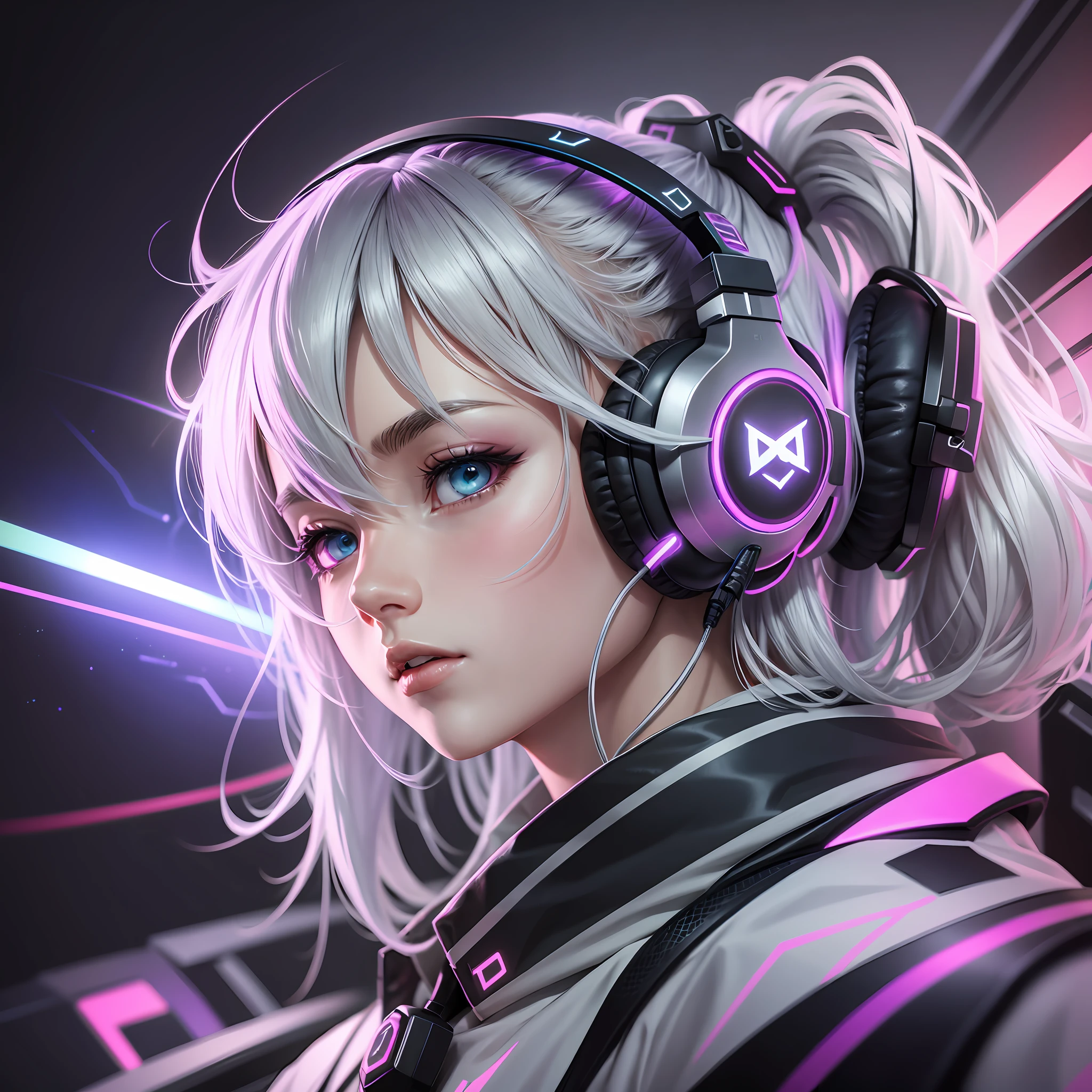 Anime RGB for background on YouTube very beautiful, ultra modern rendering, full RGB, silver hair, gamer headset. --auto --s2