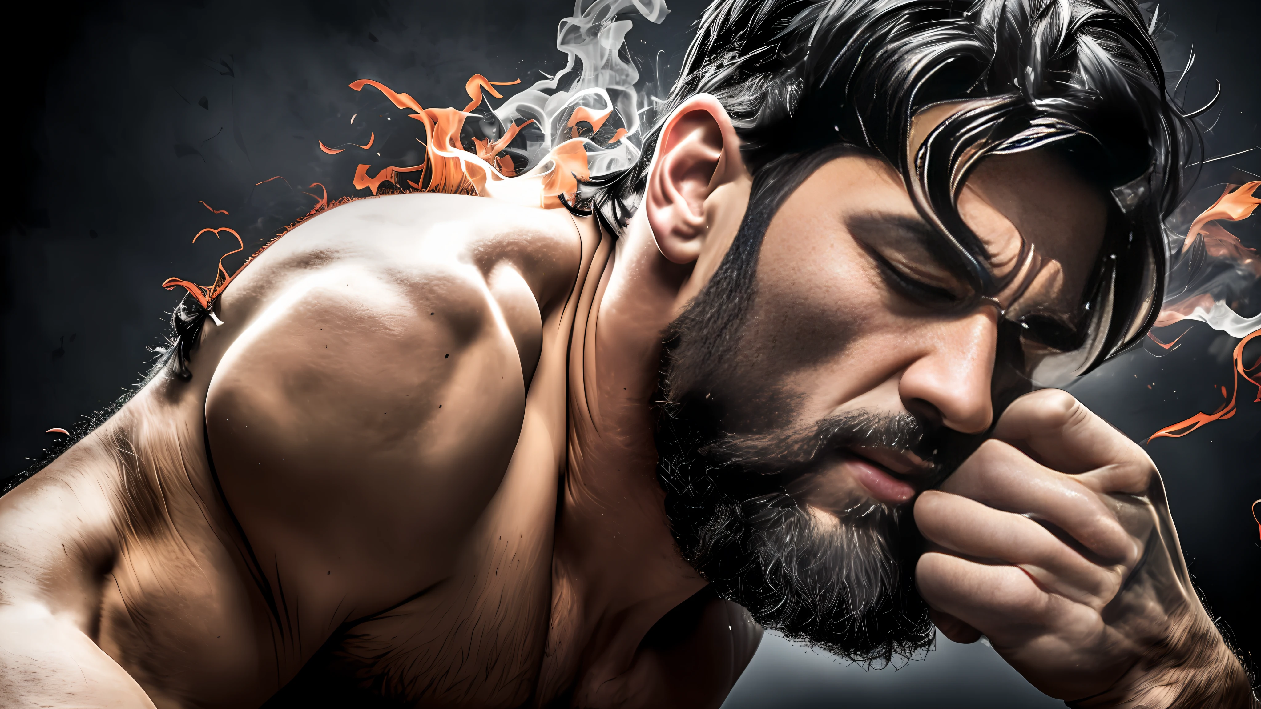 a man fighting feeling pain, face up, hands covering the face, wearing a black shirt, tearing his shirt collar with his hands, eyes closed, teeth grinding, dynamic pose, movement, frown, strong depth of field, image in Anne wth an E opening style, side view, abstract art, faded colors, perfect, flawless, sharp, dark backdrop, black background,