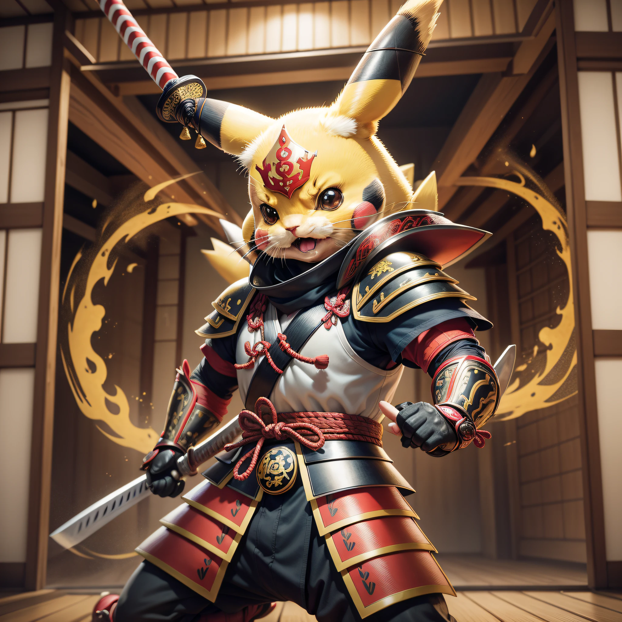 Pikachu as a samurai warrior, anthropomorphic, holding a katana, samurai armor. electric shocks, traditional japanese house background, beautiful, intricate details, concentrated pose, 16k