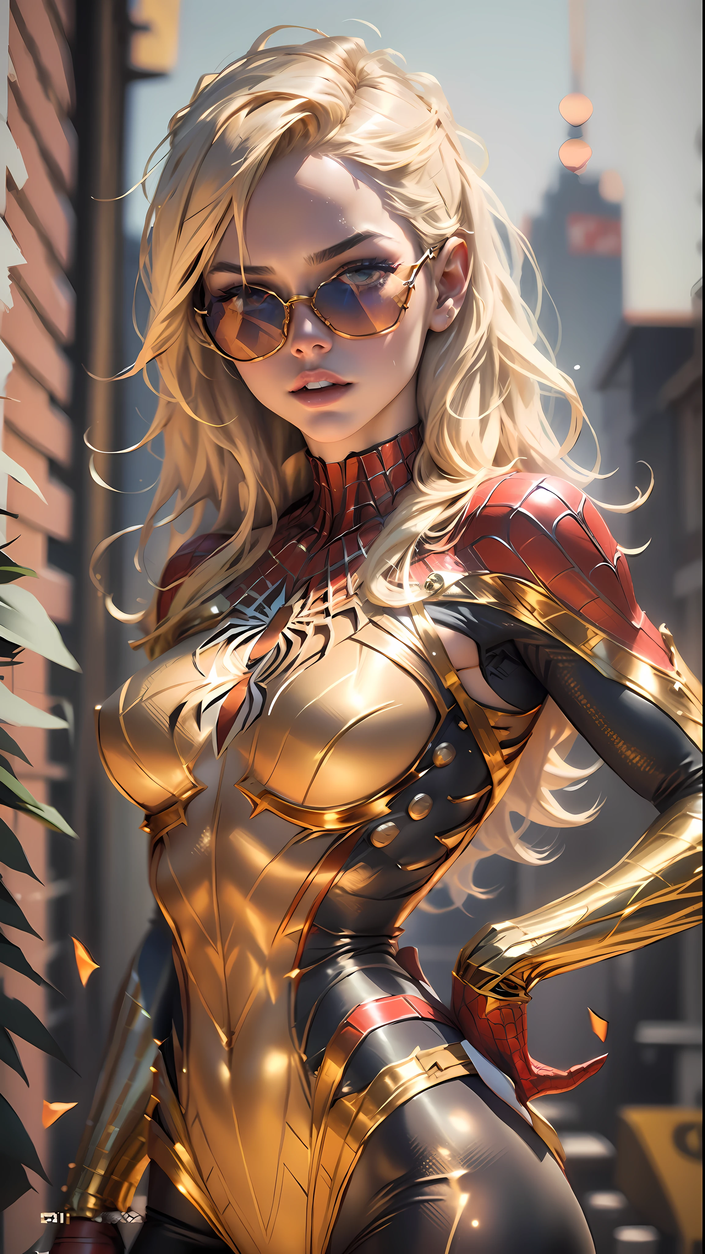 Beautiful blonde woman detailed defined body using gold spider man cosplay, tiny breasts, gold sunglasses