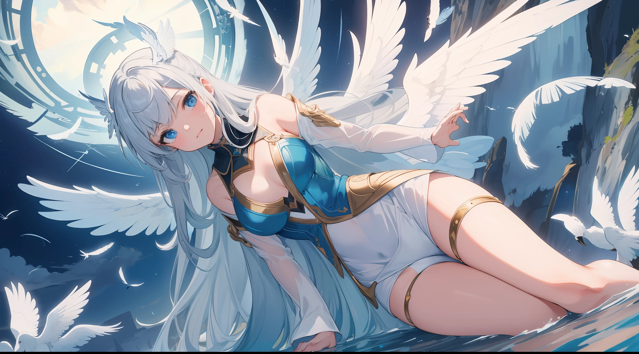 (Masterpiece, Best Quality: 1.2), Highly detailed, Intricate Detail, 8k, (((Masterpiece)))), ((Very detailed 8K wallpaper))), ((Color)), (Very delicate and beautiful)), (High resolution), (Fine Detail), (Beautiful Detail Girl), (Beautiful Detail Eyes), dramatic_angle, Blue Eyes, 1 Girl, Solo, Long Hair, Hair Wings, armour, Wings, Frows, Feathers, Angel, (Sky), angel wings, greaves, Valkyrie, anime , look down at, full body, straight-on, floating
