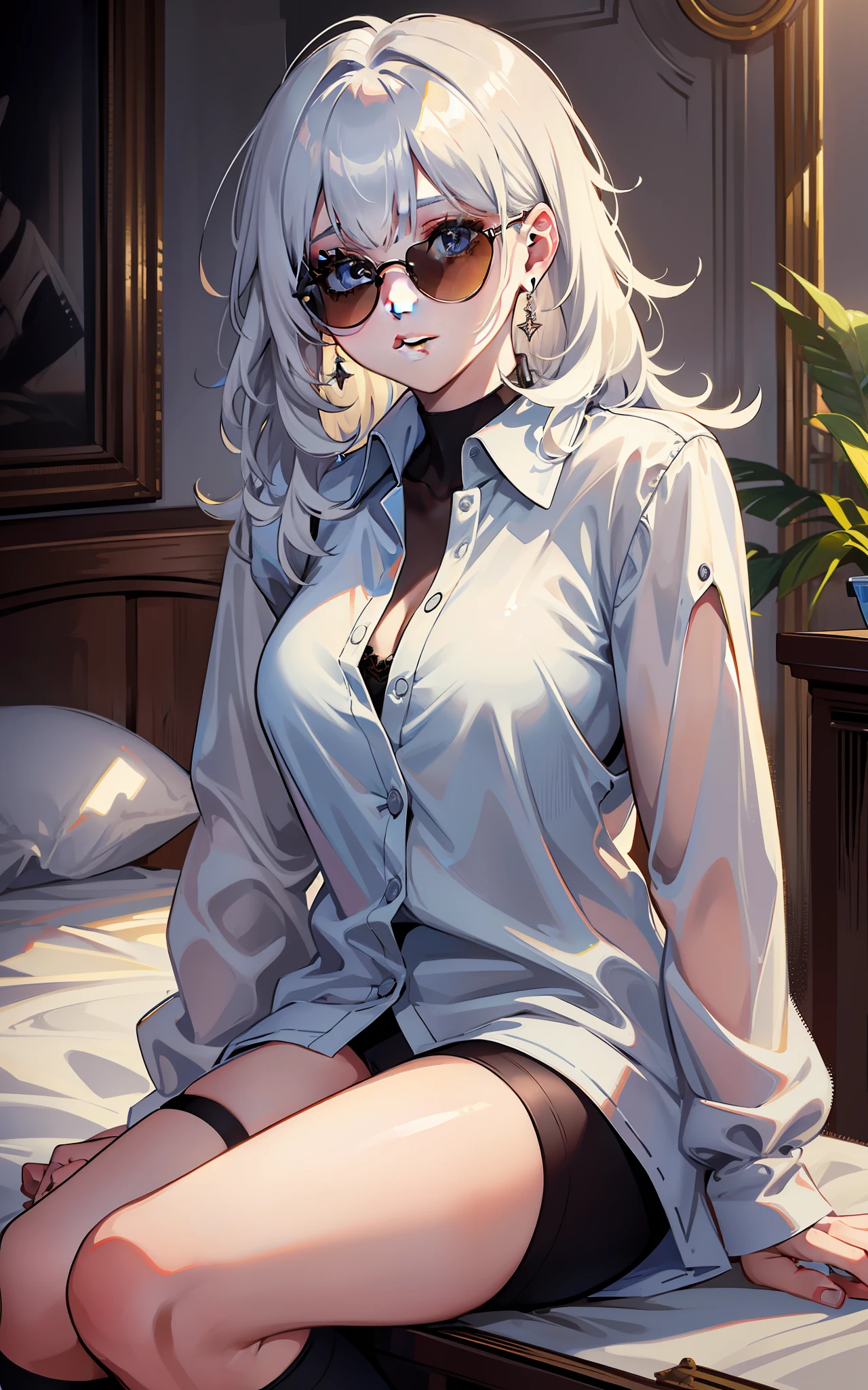 masterpiece, best quality, solo, (upper body:1.1), medium breasts, 1girl, solo, (ruffling hair, messy hair:1.1), medium hair, white hair, best quality, ultra detailed, 1girl, solo, medium hair, blunt bangs, does not look at the viewer, round sunglasses, beautiful skin, dramatic lighting, high quality, perfectionism, bright skin, whole body, both eyes covered, ((perfect hand: 1.2)), earrings, cute lips, cute face, sexy, posing, cute nose, sitting on the bed, looking at the viewer, no pants, legwear, long shirt