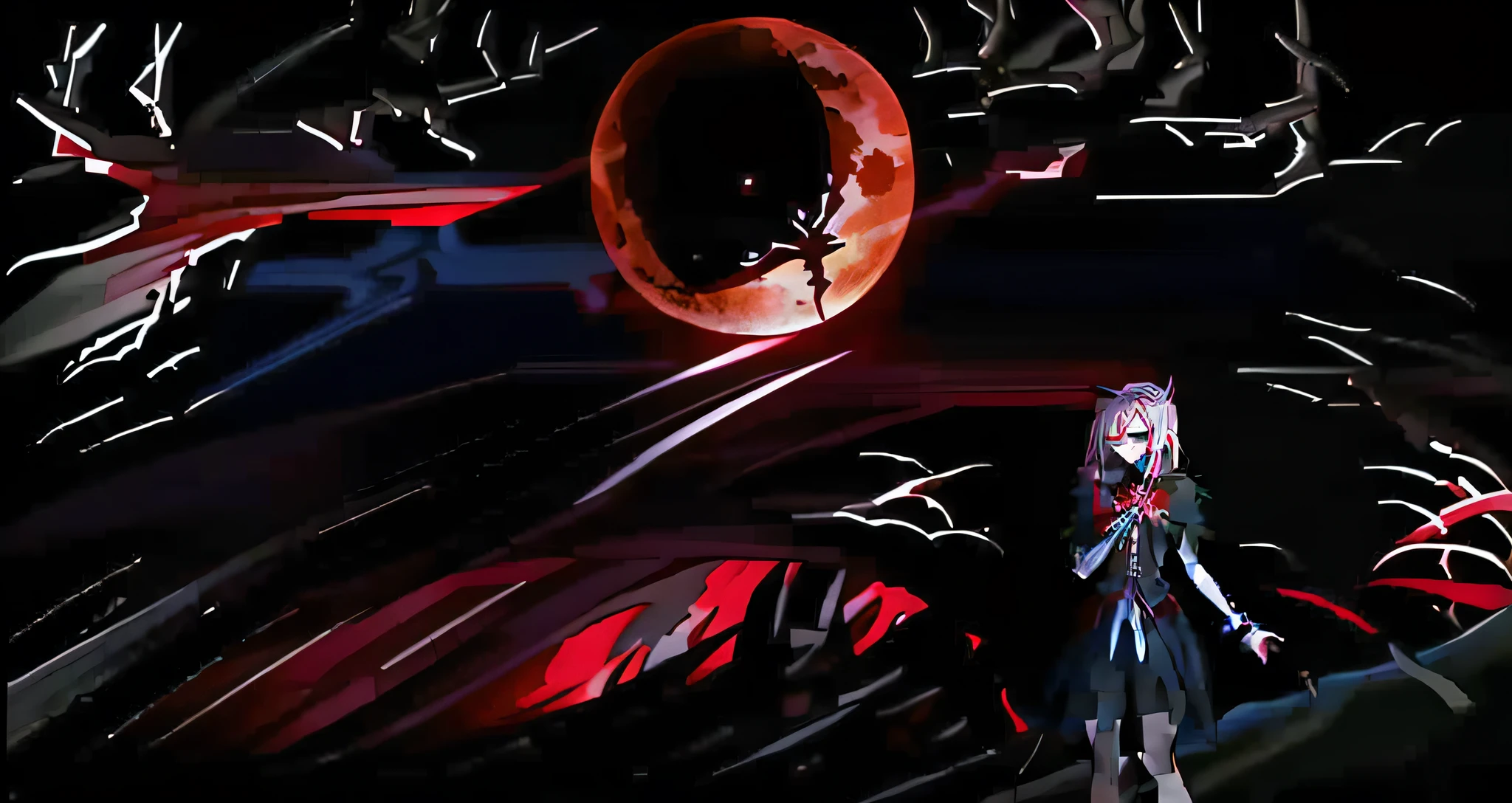 "A work of art, the best quality, ultra-detailed punk gothic with stylish fashion elements, with elements of a metal band, a blood moon looming against the background of a red moon, in high definition with HD texture."