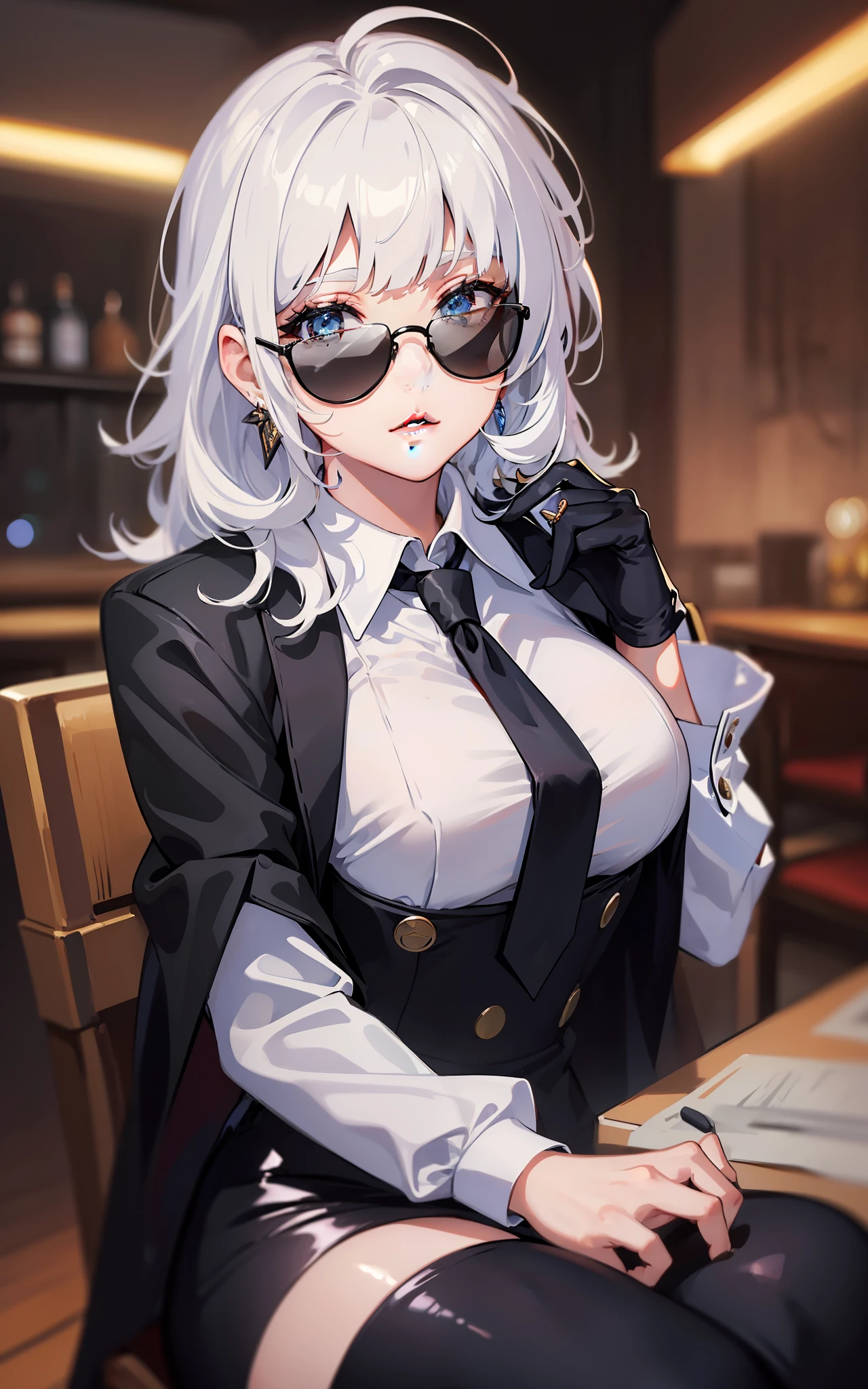 masterpiece, best quality, solo, (upper body:1.1), medium breasts, 1girl, solo, (ruffling hair, messy hair:1.1), medium hair, white hair, best quality, ultra detailed, 1girl, solo, medium hair, blunt bangs, does not look at the viewer, round sunglasses, white shirt, long sleeve, tie, tight black pants, long black gloves, beautiful skin, dramatic lighting, high quality, perfectionism, shiny skin, black coat drooping, full body, both eyes covered, ((perfect hand: 1.2)), earrings, beautiful lips, cute face, sexy, posing, cute nose, sitting in a chair, looking at the viewer, bar background, night