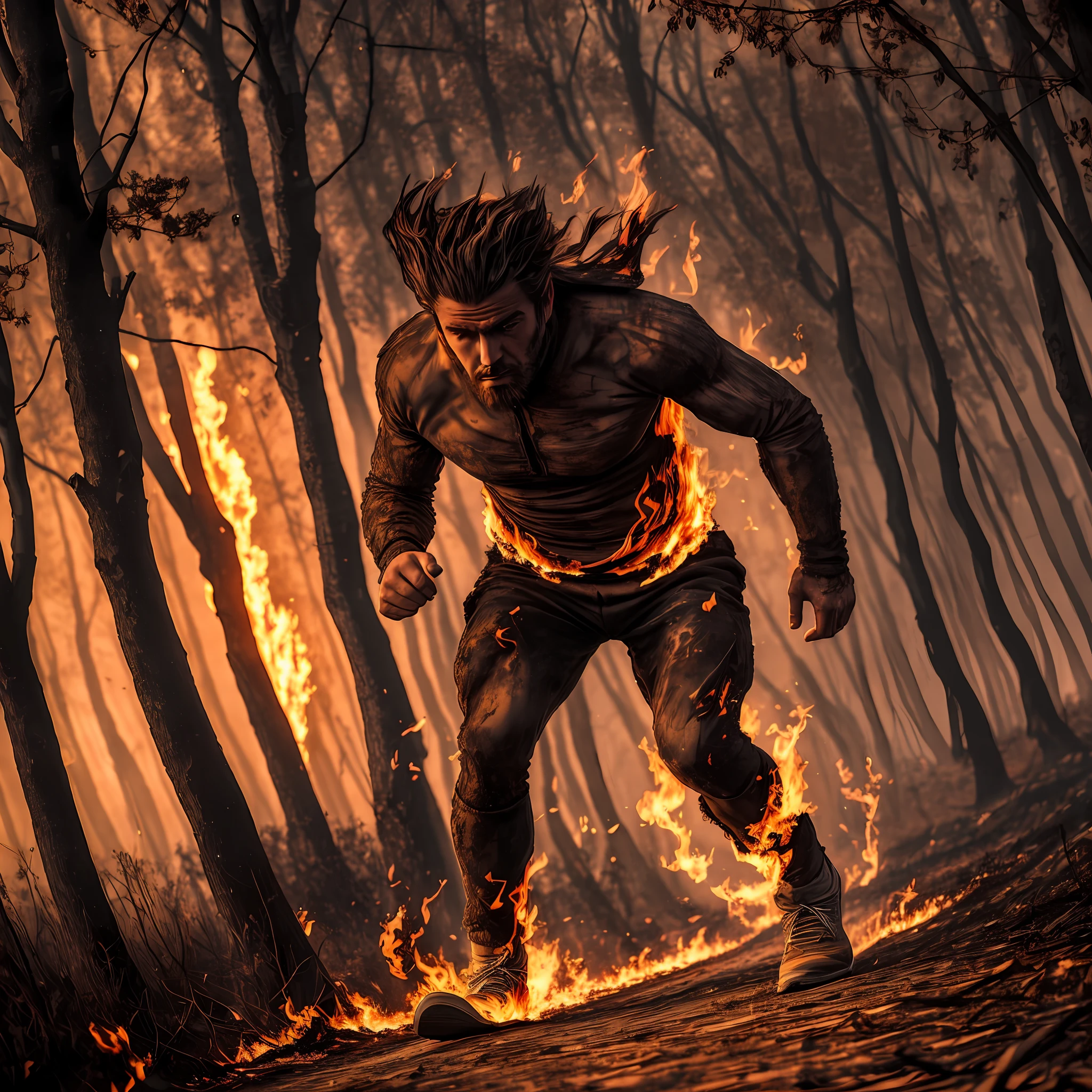 Man running in the burning lore, trees, dark, scared man, running not to be burned --auto --s2