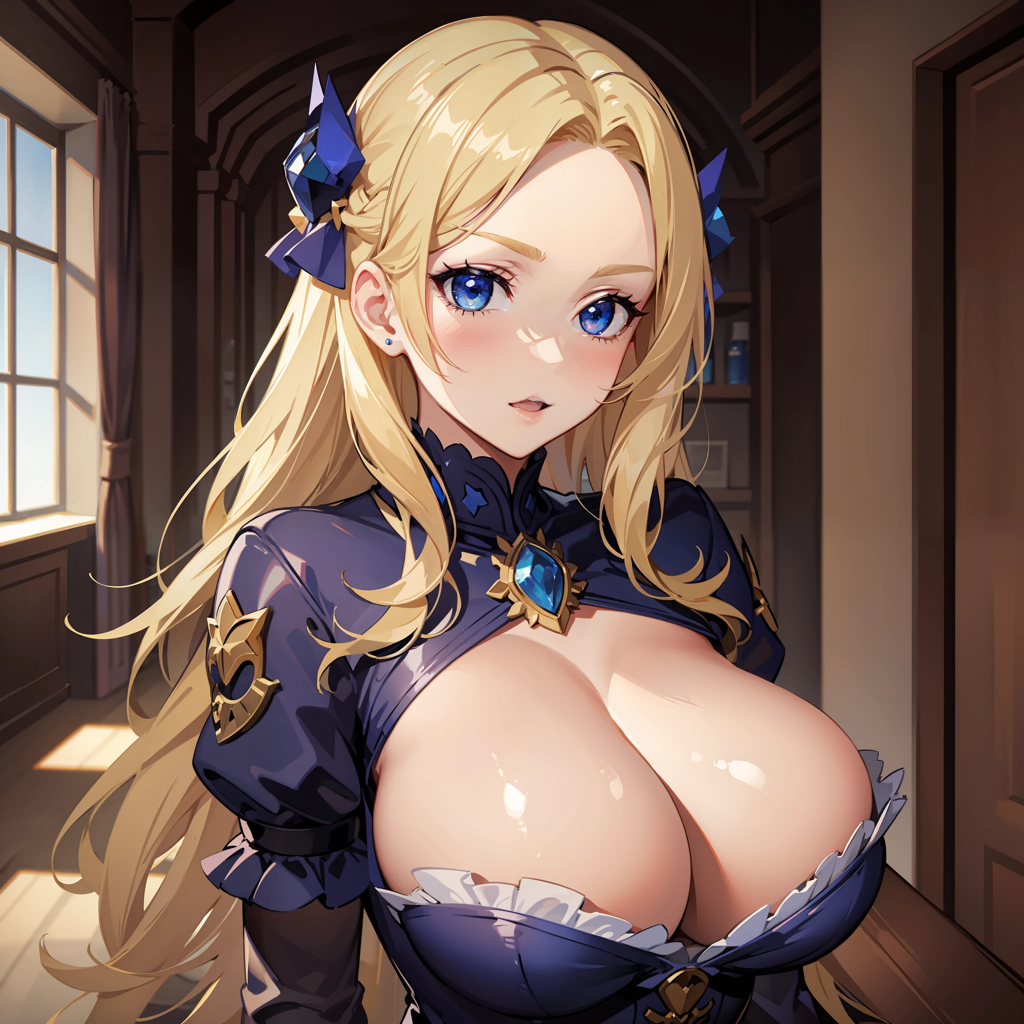 Blonde, huge breasts, sapphire eyes,