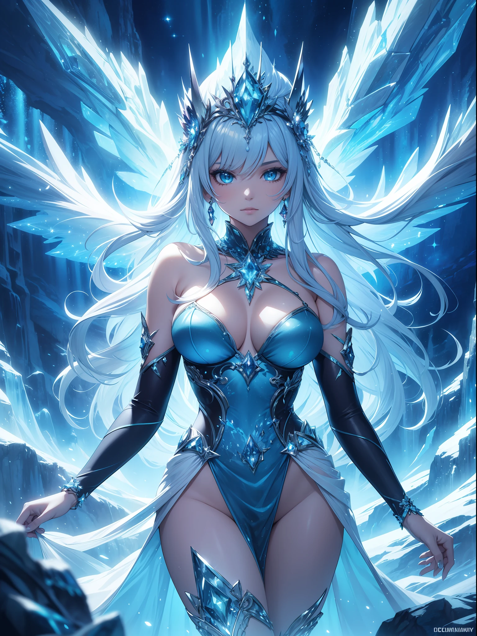 (ultra-detailed, masterpiece, best quality) beautiful and sexy woman, crystalline world, fantasy landscape, surreal setting, magical atmosphere, high resolution, dynamic pose, flowing dress, glowing skin, shimmering crystals, enchanting light, fantasy elements, ethereal beauty.