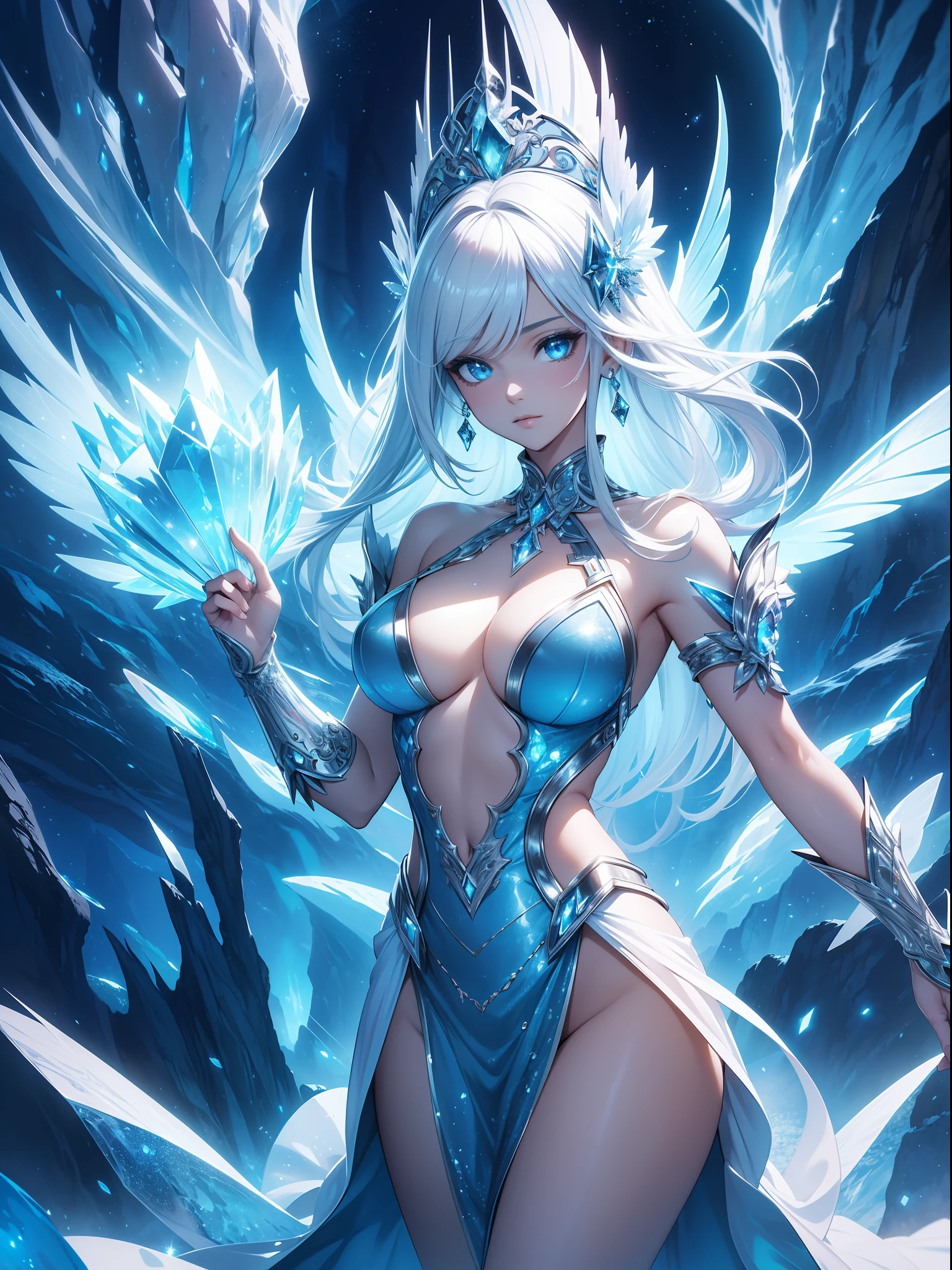 (ultra-detailed, masterpiece, best quality) beautiful and sexy woman, crystalline world, fantasy landscape, surreal setting, magical atmosphere, high resolution, dynamic pose, flowing dress, glowing skin, shimmering crystals, enchanting light, fantasy elements, ethereal beauty.