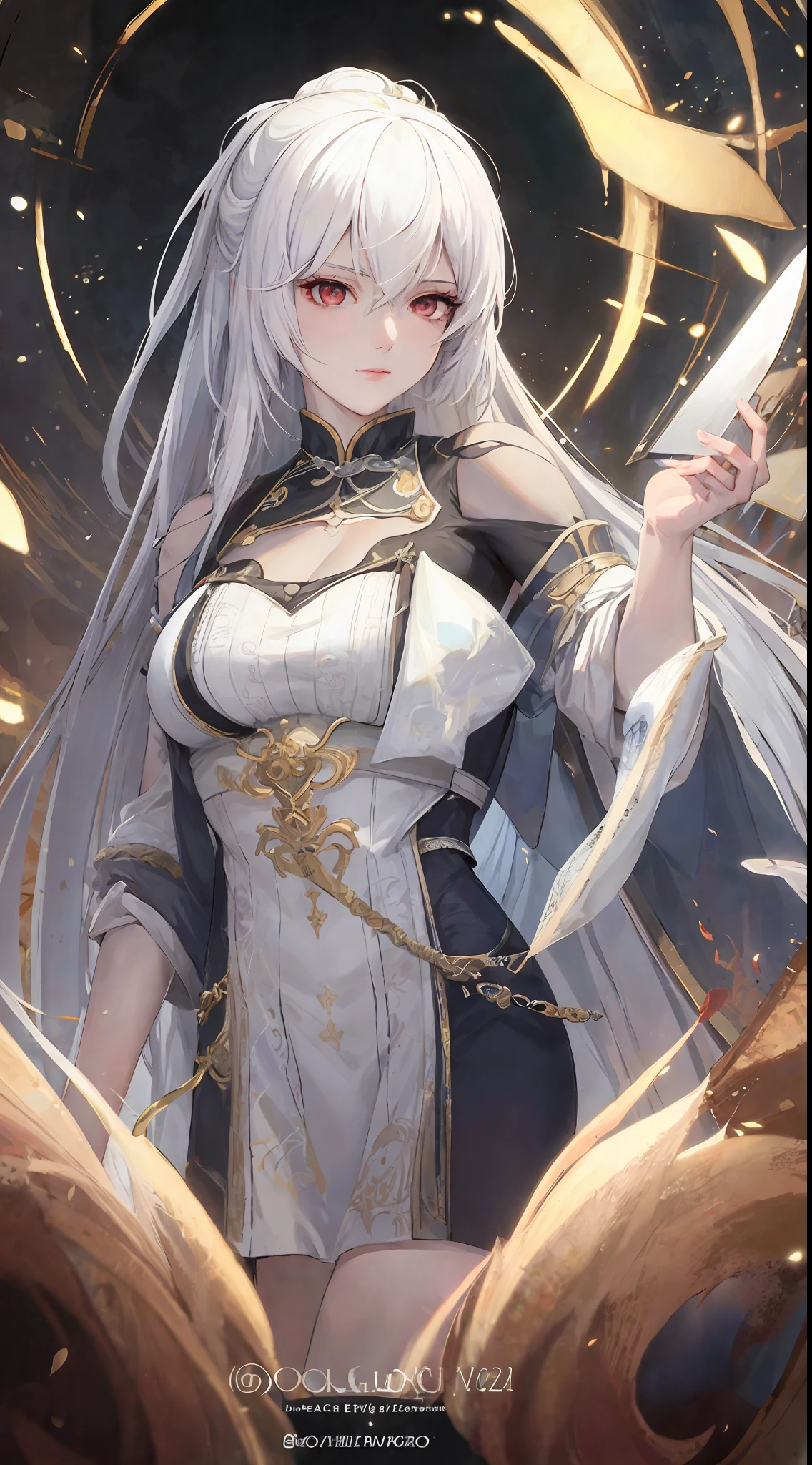 Close-up of a woman with white hair and white mask, beautiful figure painting, Guviz, Guvitz style artwork, white-haired god, Yang J, epic exquisite character art, stunning character art, Fan Qi, Wu Jun Shifan, Gu Vitz in pixiv art station, sword, knife, gun
