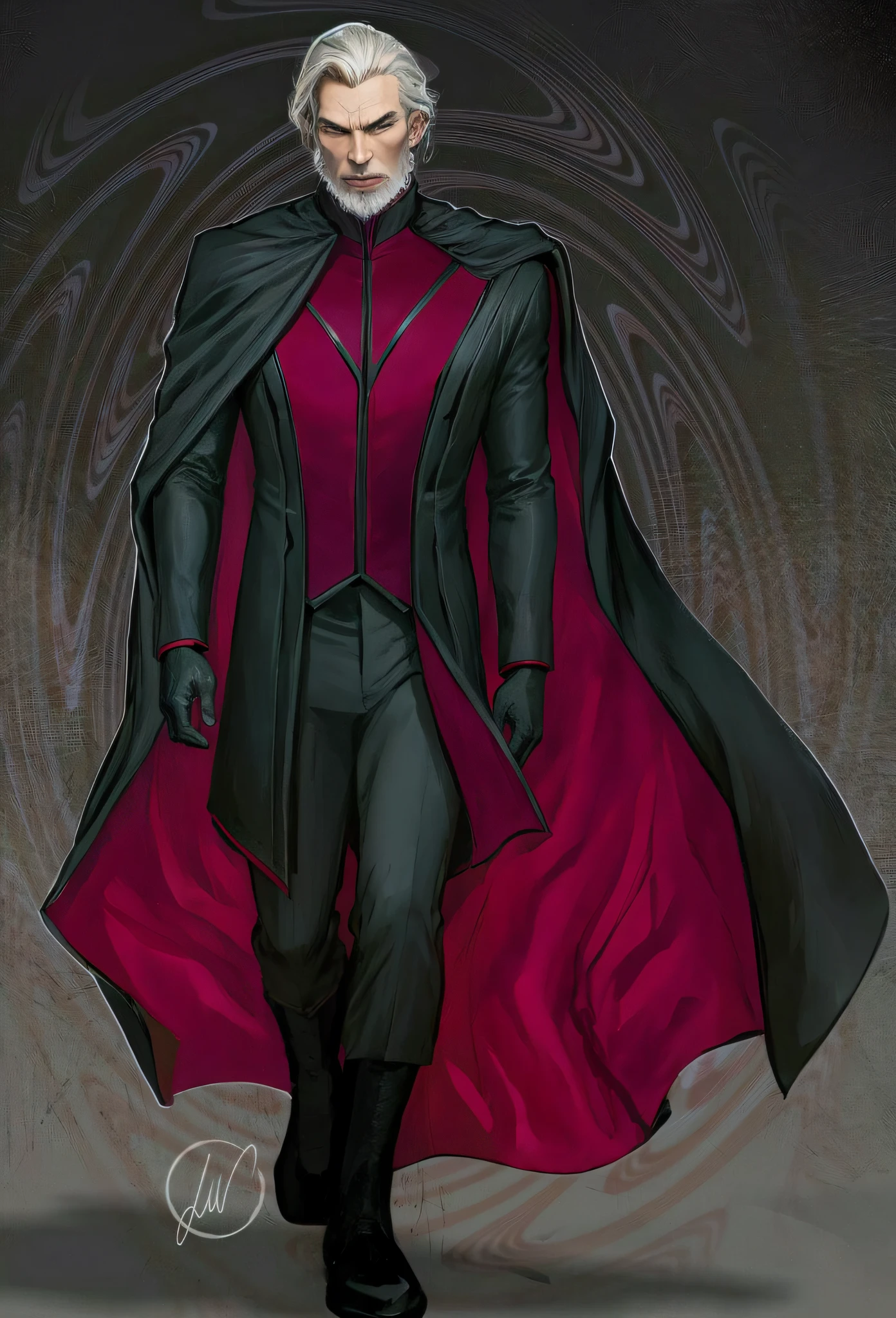 a drawing of a man in a red cape and black suit, full body black and red longcoat, magneto, tor from marvel, scarlet witch costume, crimson attire, portrait of professor sinister, dark supervillain, johan liebert mixed with alucard, new costume concept design, red cloak, johan liebert mixed with dante, scarlet witch, full body purple cloak --auto --s2
