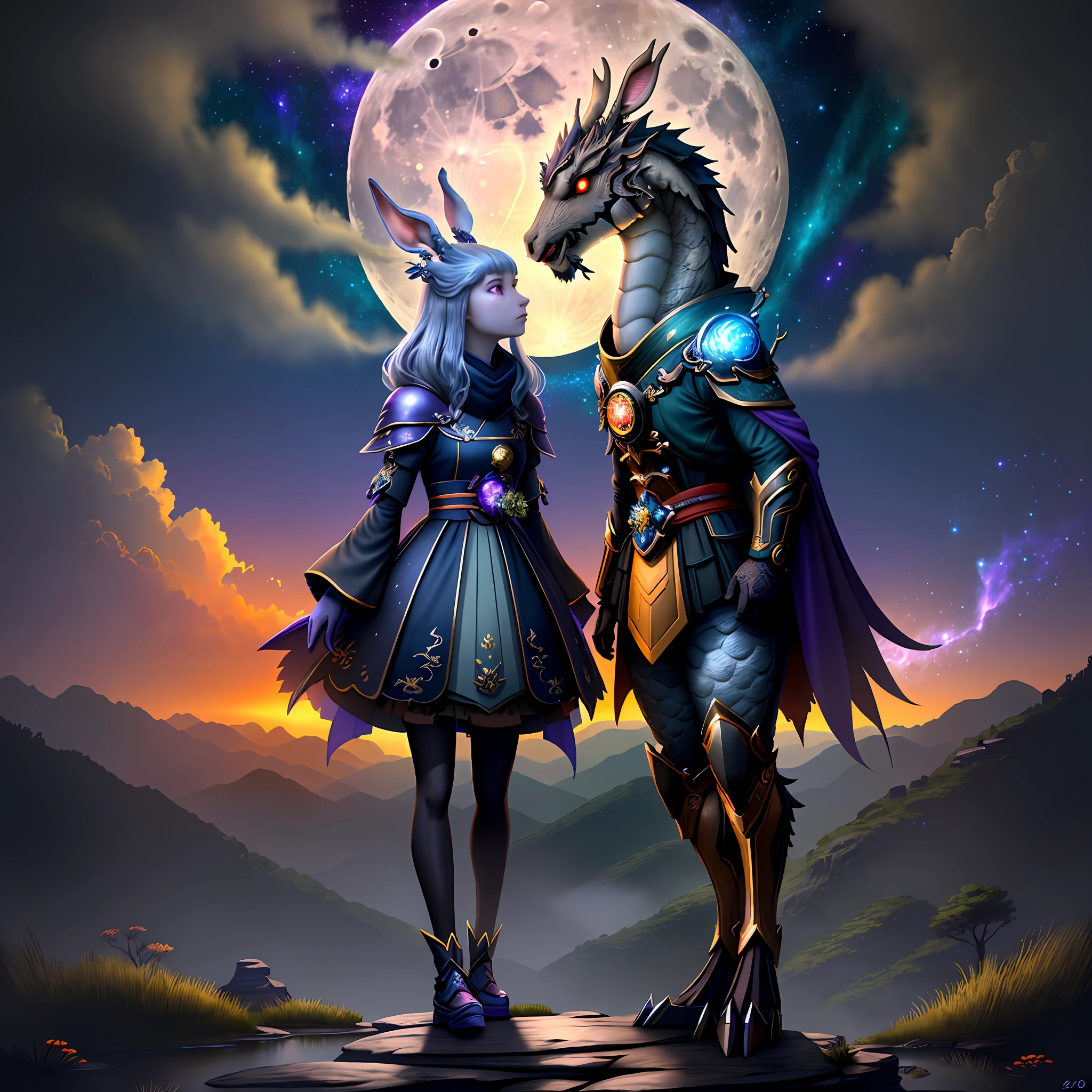 Vast landscape photos, (looking at the sky and the wilderness below), "A rabbit, magical, anthropomorphic, girl, angry expression, glowing eyes, Wanruo mask, Hanfu, background of ancient Chinese streets, night." Genshin Impact Impact, Best Quality, High Detail, High Quality, Ultra High Resolution, OC Rendering, 8K" Standing in a Flower Field and Looking Up, (Full Moon: 1.2), (Meteor: 0.9), (Nebula: 1.3), Far Away Mountains, Tree Breaking Making Art, (Warm Source: 1.2), (Firefly: 1.2), Lights, Purple and Orange, Intricate Details, Volumetric Lighting BREAK (Masterpiece: 1.2), (Highest Quality), 4K, Ultra Detailed, (Dynamic configuration: 1.4), Highly detailed and colorful details (rainbow color: 1.2), (Sparkling lighting, atmospheric lighting), Dreamy, magical, (Solo: 1.2), (Ying Dragon God), (Through the clouds), (Top of the mountains), (Complex), (Super Detail), (Starry Sky Background), (Stout Limbs), (Moon Night), (Ultra Clear), (Best Quality),