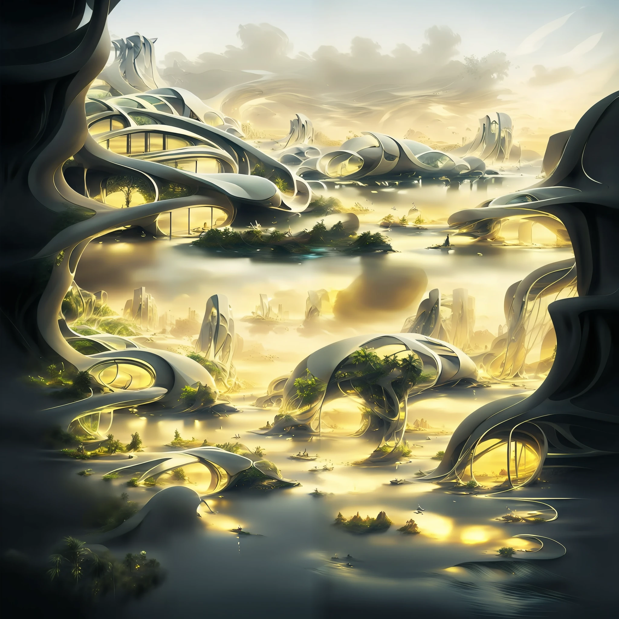 Futuristic design of an awesome sunny  day environment concept art on a futuristic forest terrain with huge waterfalls,streams,sacred grooves, nature architecture, proportional,detailed, blueprint,bright clouds, nature meets futuristic architecture by Santiago Calatrava and Vincent Callebaut  with Wes Anderson village,residential area, futuristic development, high rise made up staircases, balconies, full of composite glass facades, residential spaces carved from cliff side ,trending on artstation, beautiful lighting,In the style of Andreas Achenbach and Norman Ackroyd masterpiece, fantasy, intricate, award winning, 4k, highest quality