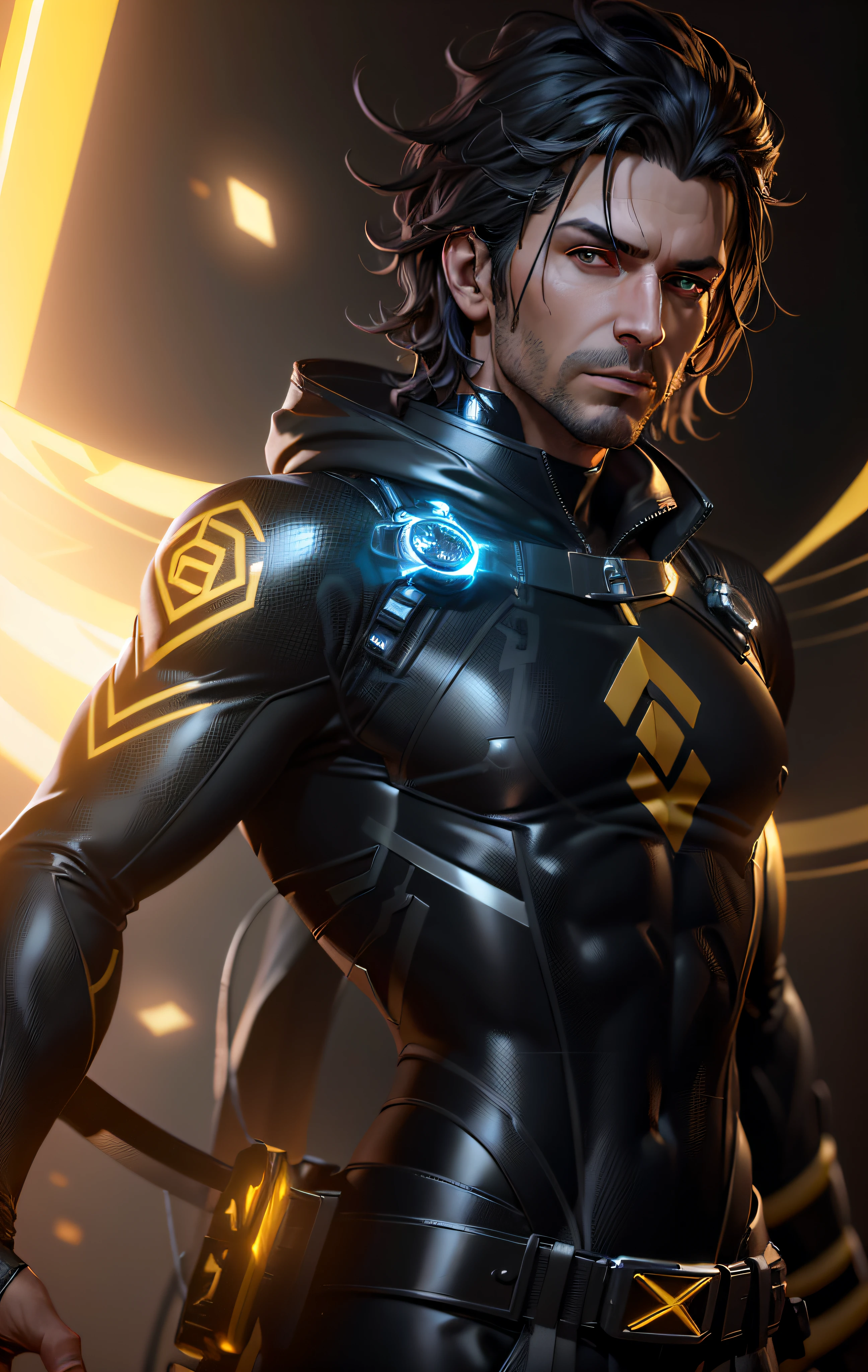 arafed man in a shiny black suit with a yellow light, 8k portrait render, divine render, unreal engine character art, unreal 5. rpg portrait, portrait of adam jensen, 3 d render character art 8 k, maxwell render, promotional render, in game render, xqc, scifi character render, 3 d character render, valorant character, promo art
