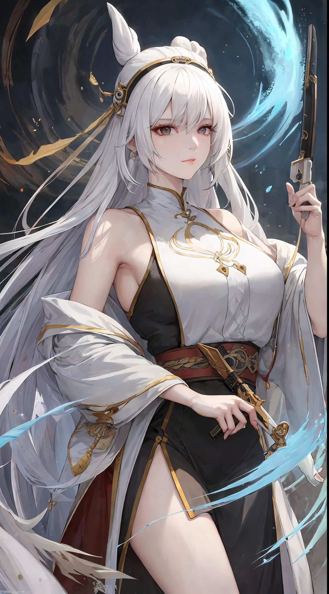 Close-up of a woman with white hair and white mask, beautiful figure painting, Guviz, Guvitz style artwork, white-haired god, Yang J, epic exquisite character art, stunning character art, Fan Qi, Wu Jun Shifan, Gu Vitz in pixiv art station, sword, knife, gun