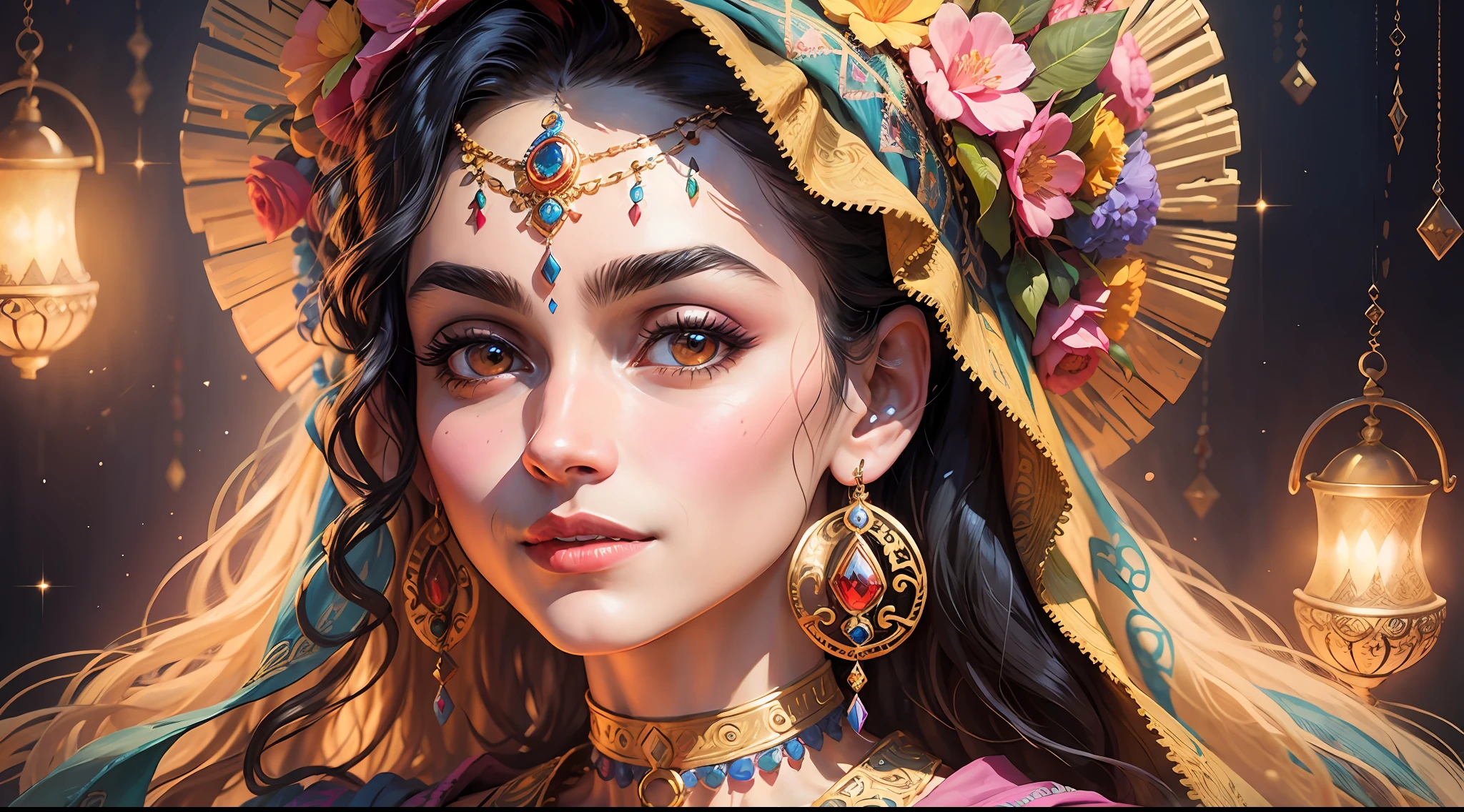 : a gypsy illustration of wealth inspired by Frida Kahlo; the gypsy is dressed in colorful costumes and adorned with bright jewels; the background displays vibrant patterns and mystical elements; the color temperature is warm, highlighting the golden tones; The gypsy's facial expression is enigmatic, with a subtle smile; The lighting is soft and diffuse, creating an atmosphere of enchanting mystery --auto --s2