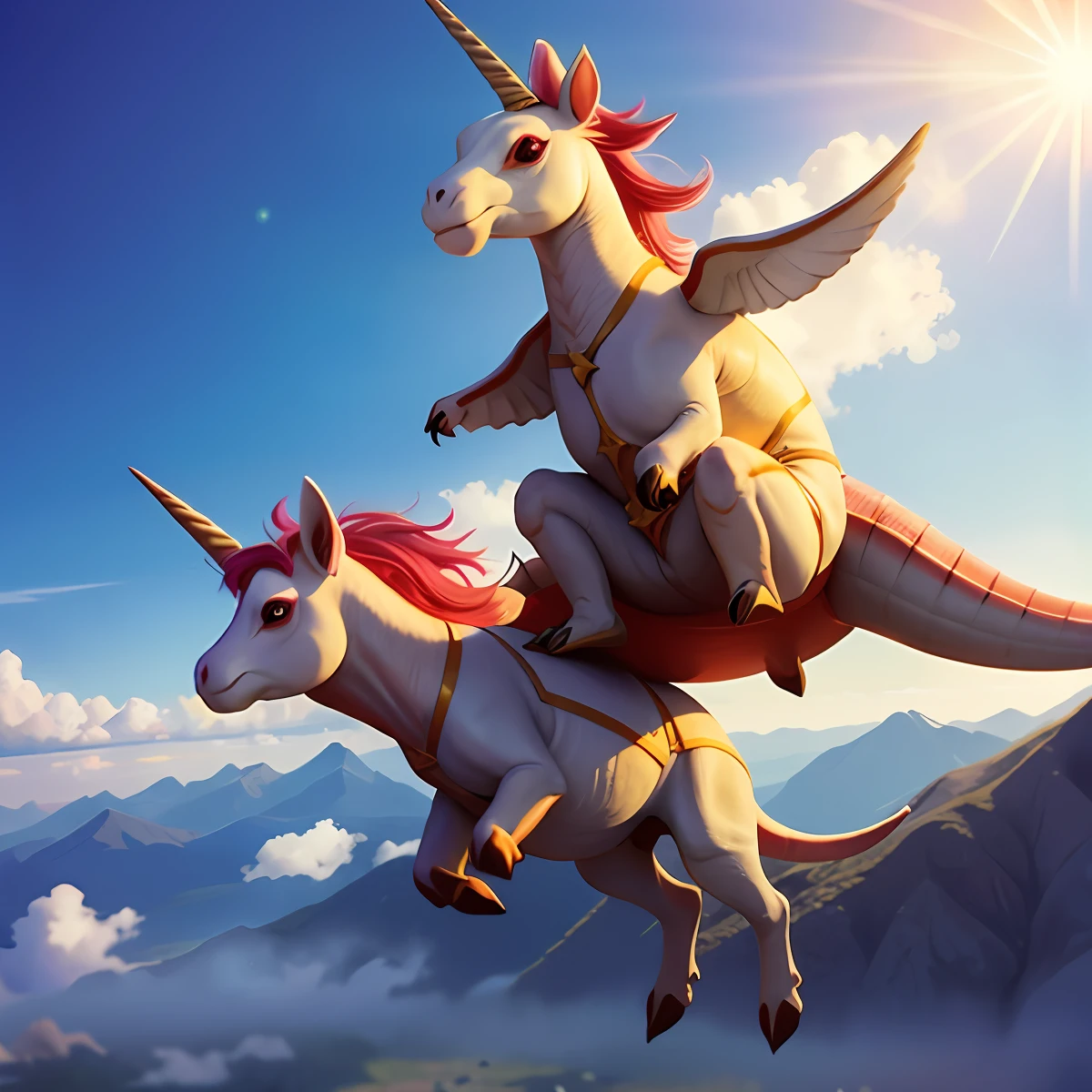 Two-headed, unicorn horned dinosaur flying in the sun