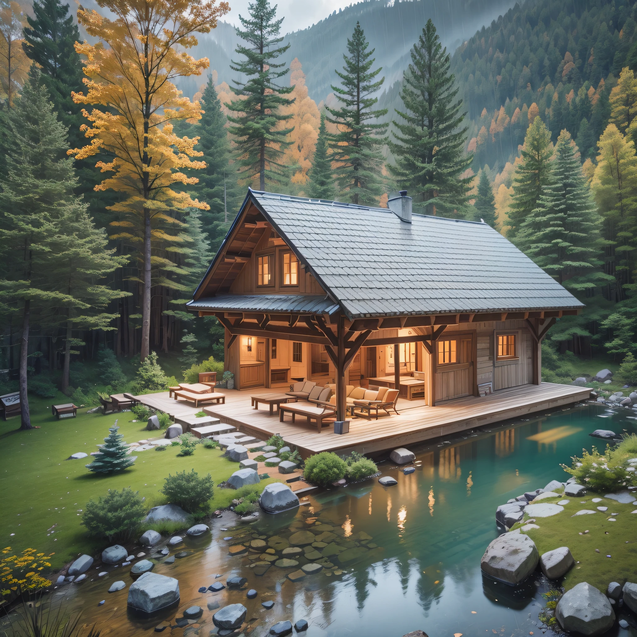 Chalet style house, wooden with stones, in the middle of the forest, with glass windows, stone fireplace, area with wooden deck, rainy weather in autumn, drone view, 16mm f1.4 lens, surrounded by trees and a small stream with a wooden bridge, ultra realistic image, 1920x1080p image ratio --auto --s2