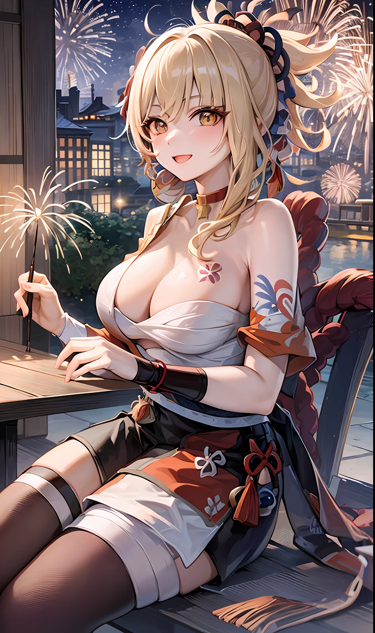 1girl,cowboy shot,sitting,chair,fireworks,evening,joy,origen,巨乳,完美身材,丰满