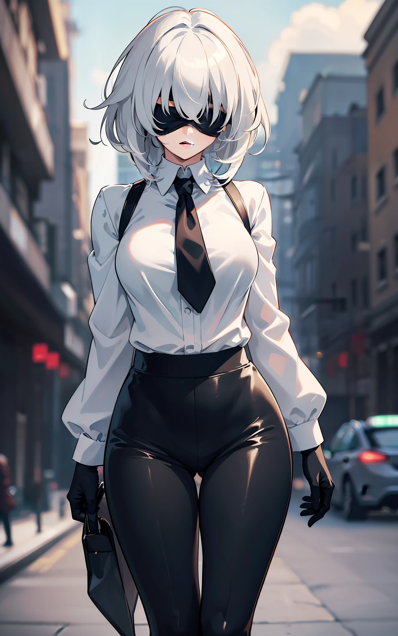 masterpiece, best quality, solo, (yorha no. 2 type b:1.14), (covered eyes:1.05), medium breasts, 1girl, solo, (ruffling hair, messy hair:1.1), medium hair, white hair, city background, best quality, ultra detailed, 1girl, solo, medium hair, blunt bangs, does not look at the viewer, blindfolded, white shirt, long sleeve, tie, tight black pants, black gloves, beautiful skin, dramatic lighting, high quality, perfectionism, long black overcoat, full body, both eyes covered, ((perfect hand: 1.2)), earrings, sexy, posing,