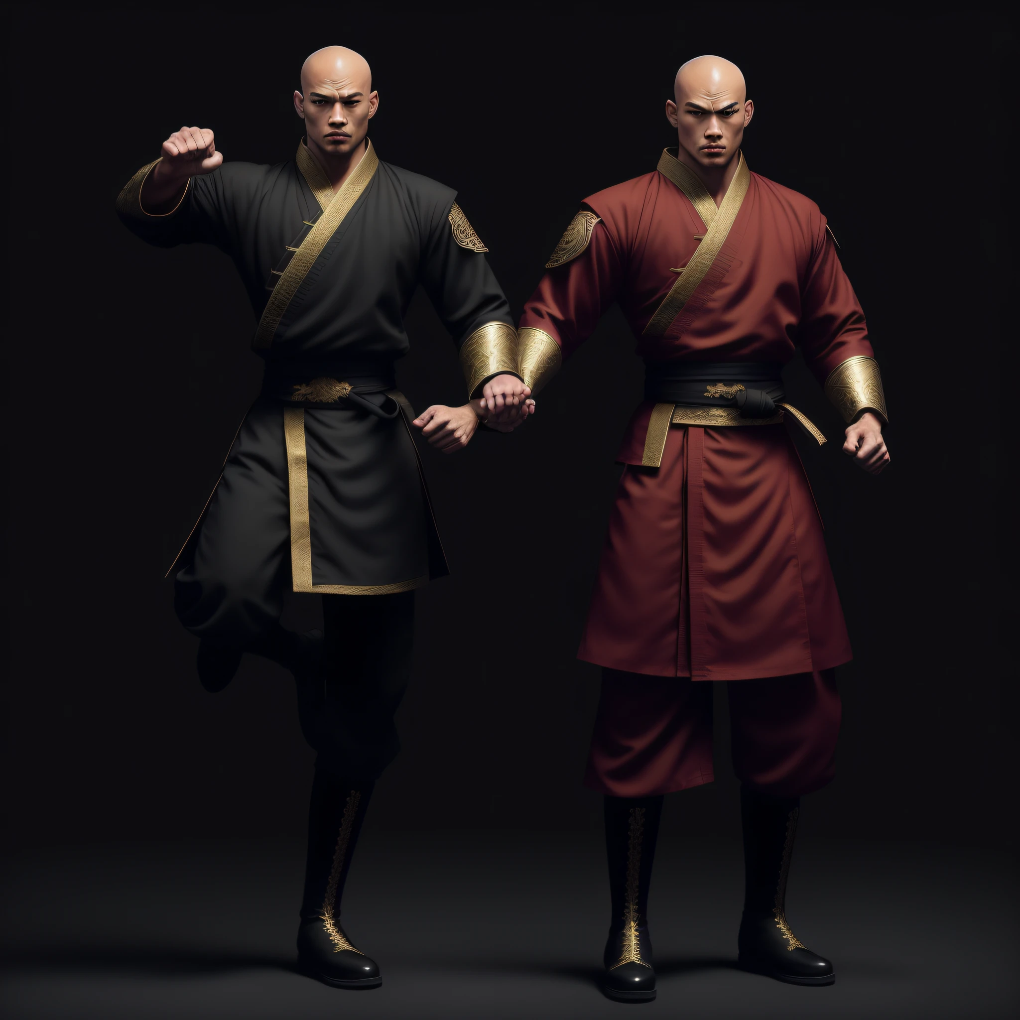 1 monk, monk facing camera, full body, perfect ???????, (((perfect hands)), detailed intricate, costume, detailed dress, intricate dress, embroidered clothing, martial arts, rage, hd, 8k, ((shaolin)), ((monk)), warrior, artstation, powerful, realistic, art, masterpiece, standing, facing camera, facing front, looking forward, without weapons, with hands fighting posture, hands on the side of the body, Master Abbot, brown skin, black skin, brown eyes, costume in the lightest colors- black pants, red sash, green windbreaker, golden details, wearing black boots white details, minimalist clean background. (perfect body proportion), ((hand with five perfect fingers)), (perfect ???????),(bald) hyper-realistic, 8k, mystical, brutal, fight, berserk, anger, hd, 8k, soft lighting, white background, high quality, maximum quality, flawless, one character per image, keep distance between one character and the other, strong, muscles, powerful.