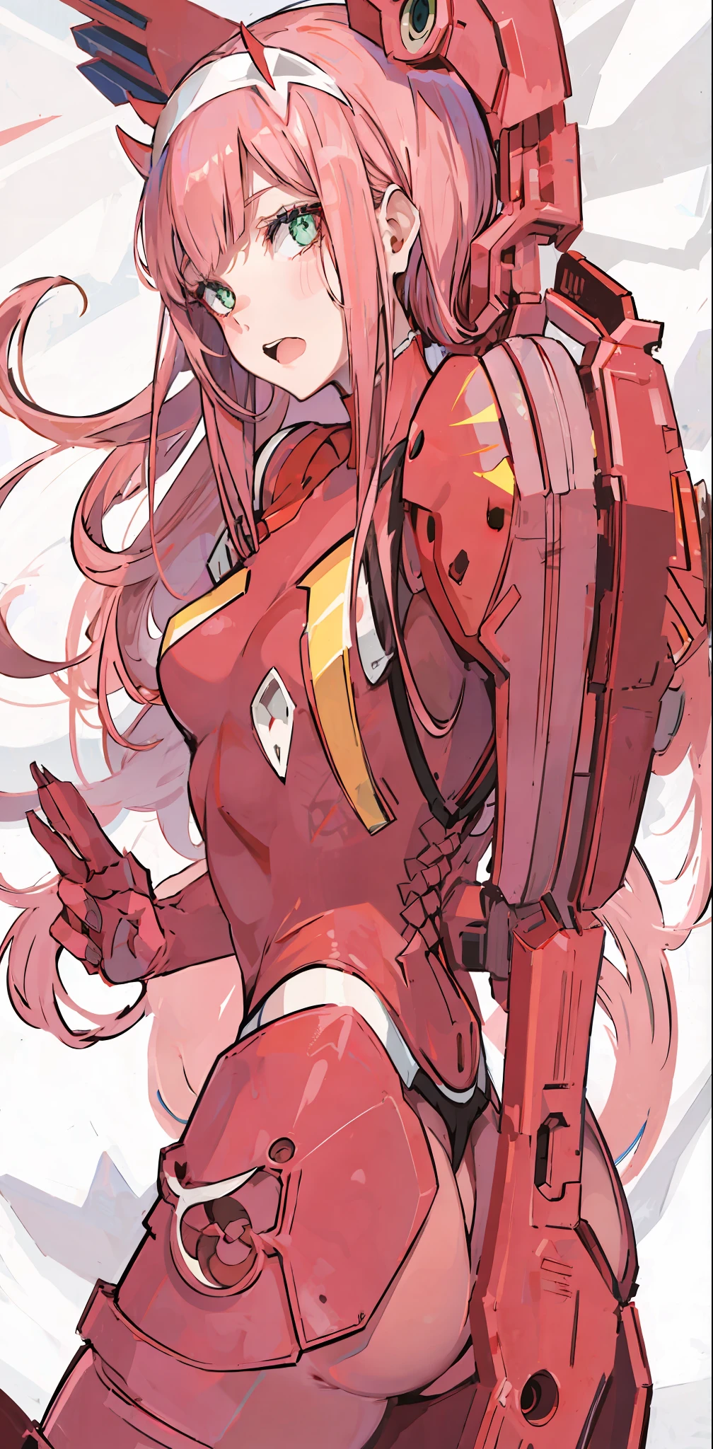 zero two \(darling on franxx\), darling on franxx, 1girl, fringe, bite, from behind, lying down, bed, shadow, green eyes, horns, long hair, looking at the viewer, small breasts, big ass, makeup, red bodysuit, pink hair, red eyeshadow, tight skin, solo