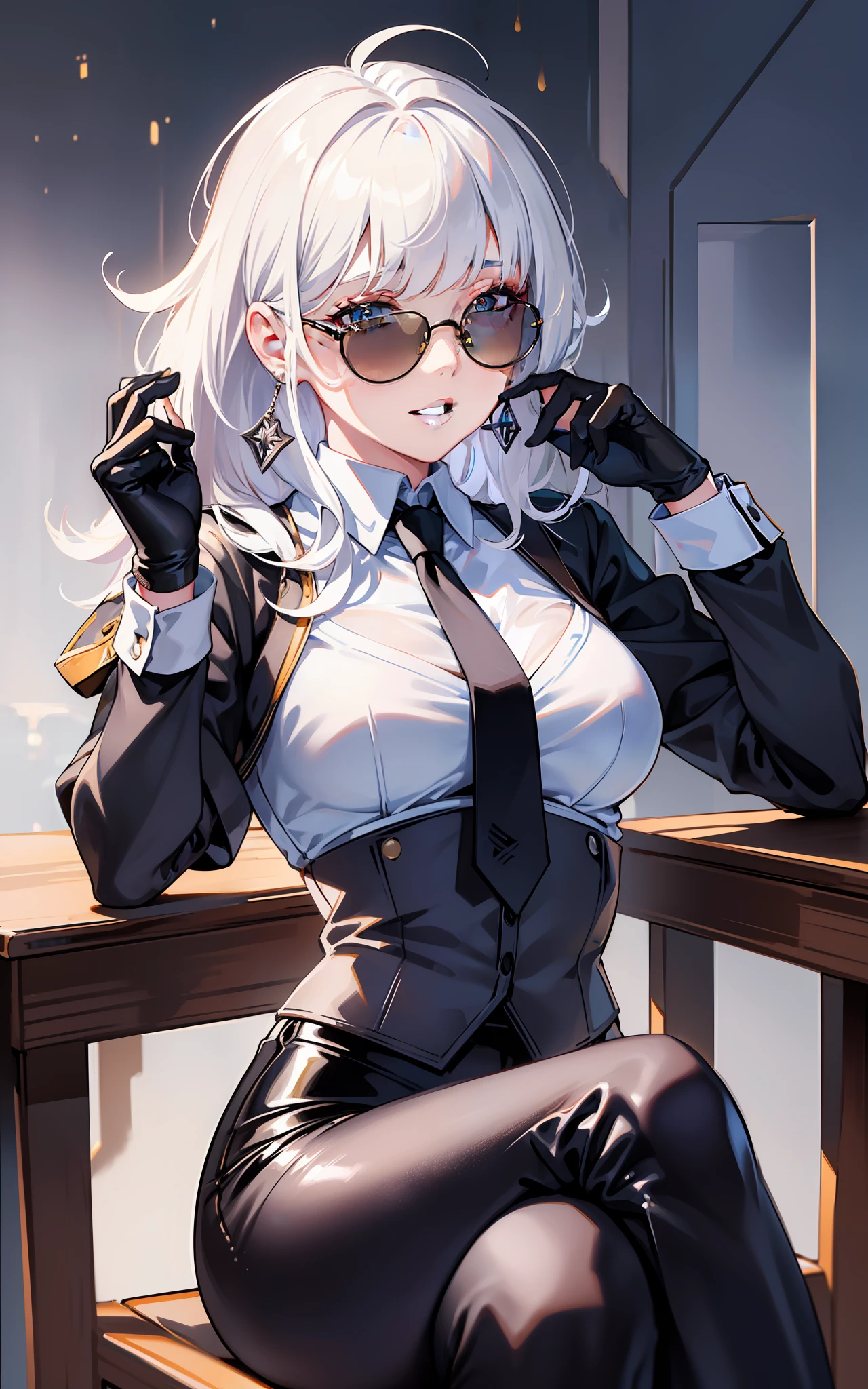 masterpiece, best quality, solo, (upper body:1.1), medium breasts, 1girl, solo, (ruffling hair, messy hair:1.1), medium hair, white hair, best quality, ultra detailed, 1girl, solo, medium hair, blunt bangs, does not look at the viewer, round sunglasses, white shirt, long sleeve, tie, tight black pants, long black gloves, beautiful skin, dramatic lighting, high quality,  perfectionism, glowing skin, whole body, both eyes covered, ((perfect hand: 1.2)), earrings, beautiful lips, beautiful face, sexy, posing, cute nose, sitting in a chair, looking at the viewer, background bar, night, laughing, happy, talking to the viewer