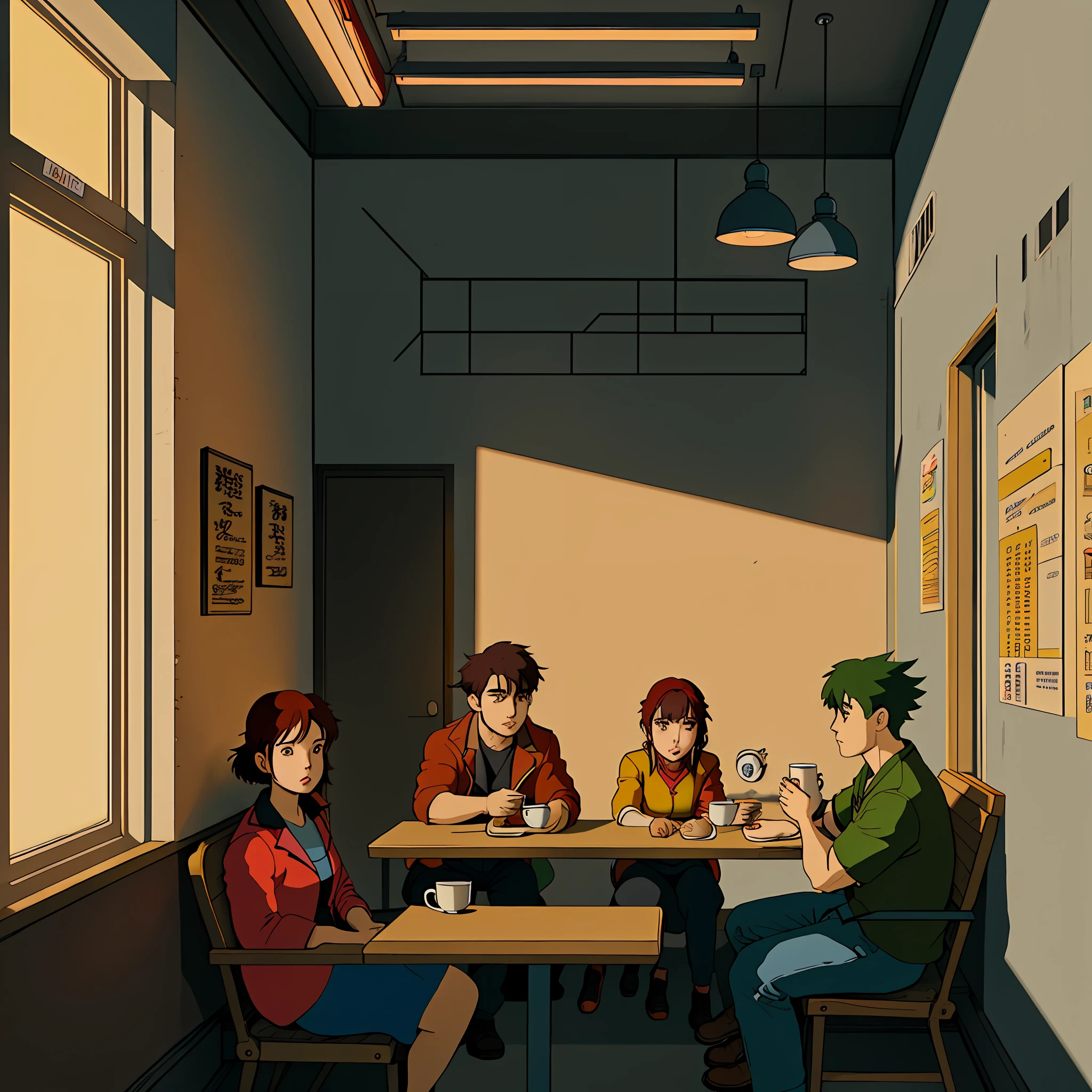 anime illustration style, about just a man and woman drinking coffee in a coffee shop, comic book style, hyperdetailed, trending in artstation, octane rendering, pixar, cartoon, cinematography lighting, cell shaded, toy, flat colors, modular constructivism, pop surrealism