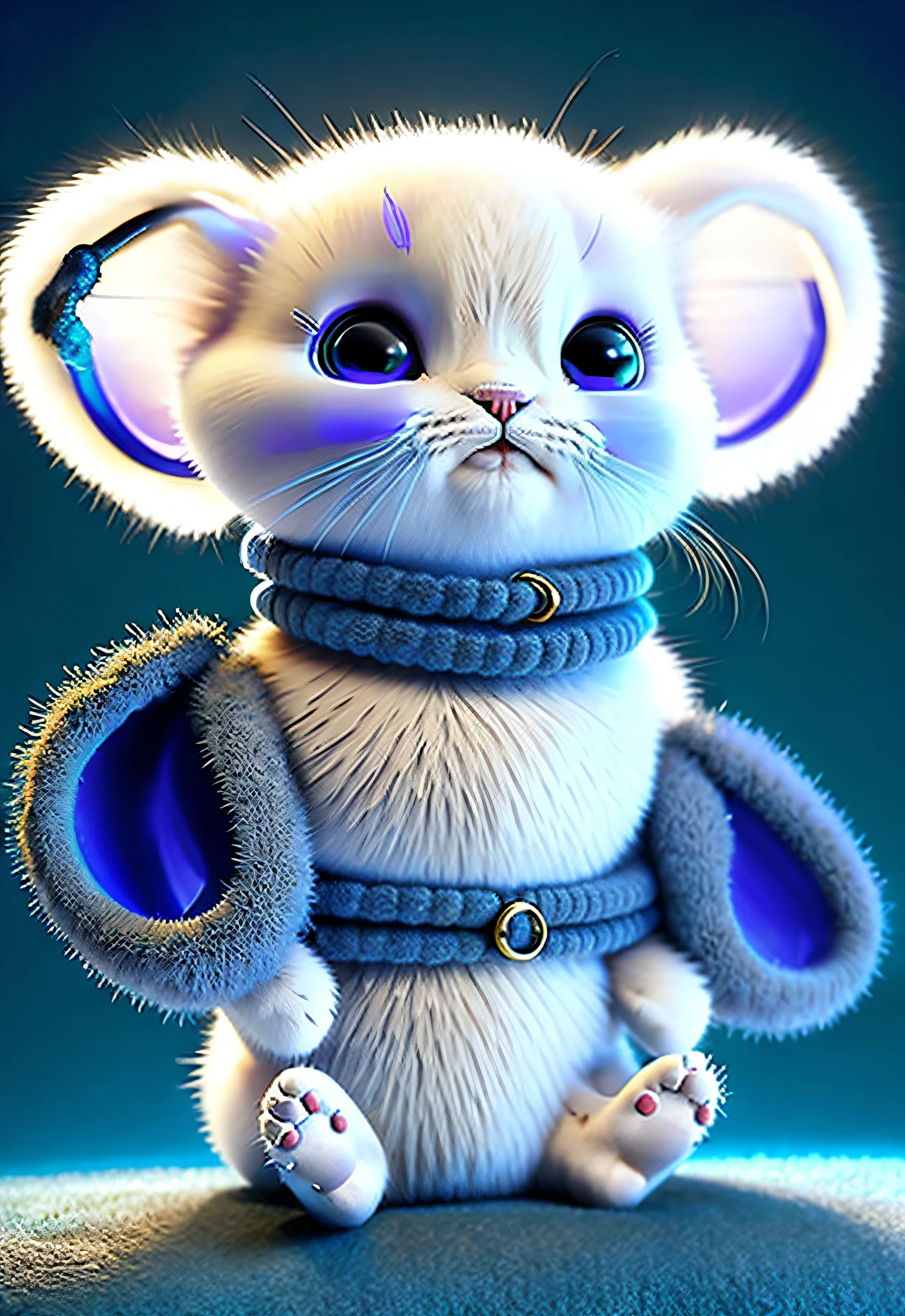A cat white and blue with big safety pins on his ears Tim Burton