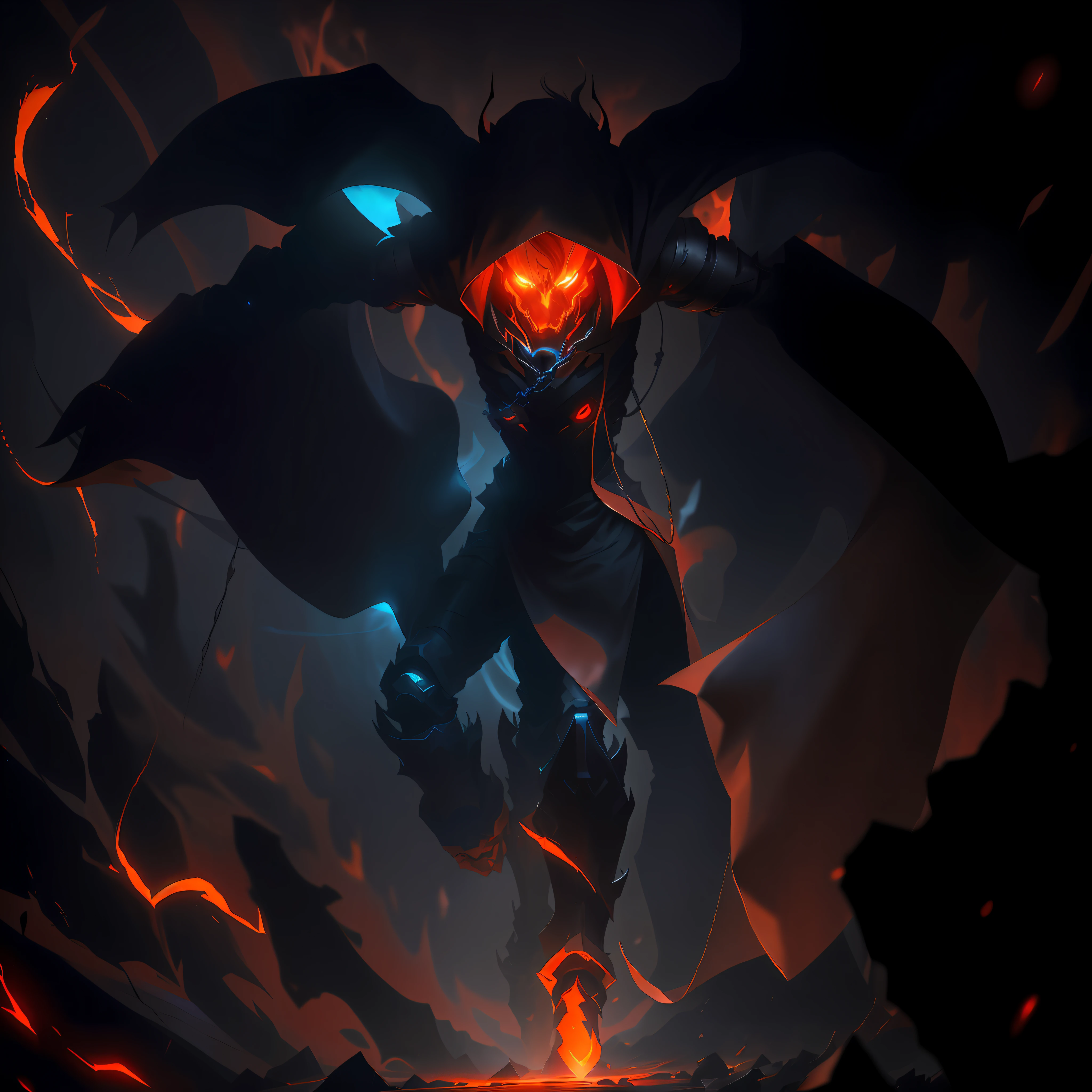 demonic looking man with glowing eyes and a glowing cape in a dark cave, style of duelyst, league of legends art style, league of legends style art, iconic character splash art, riot games concept art, character splash art, dark concept art, league of legends concept art, 8k hd wallpaperjpeg artifact, with red glowing eyes