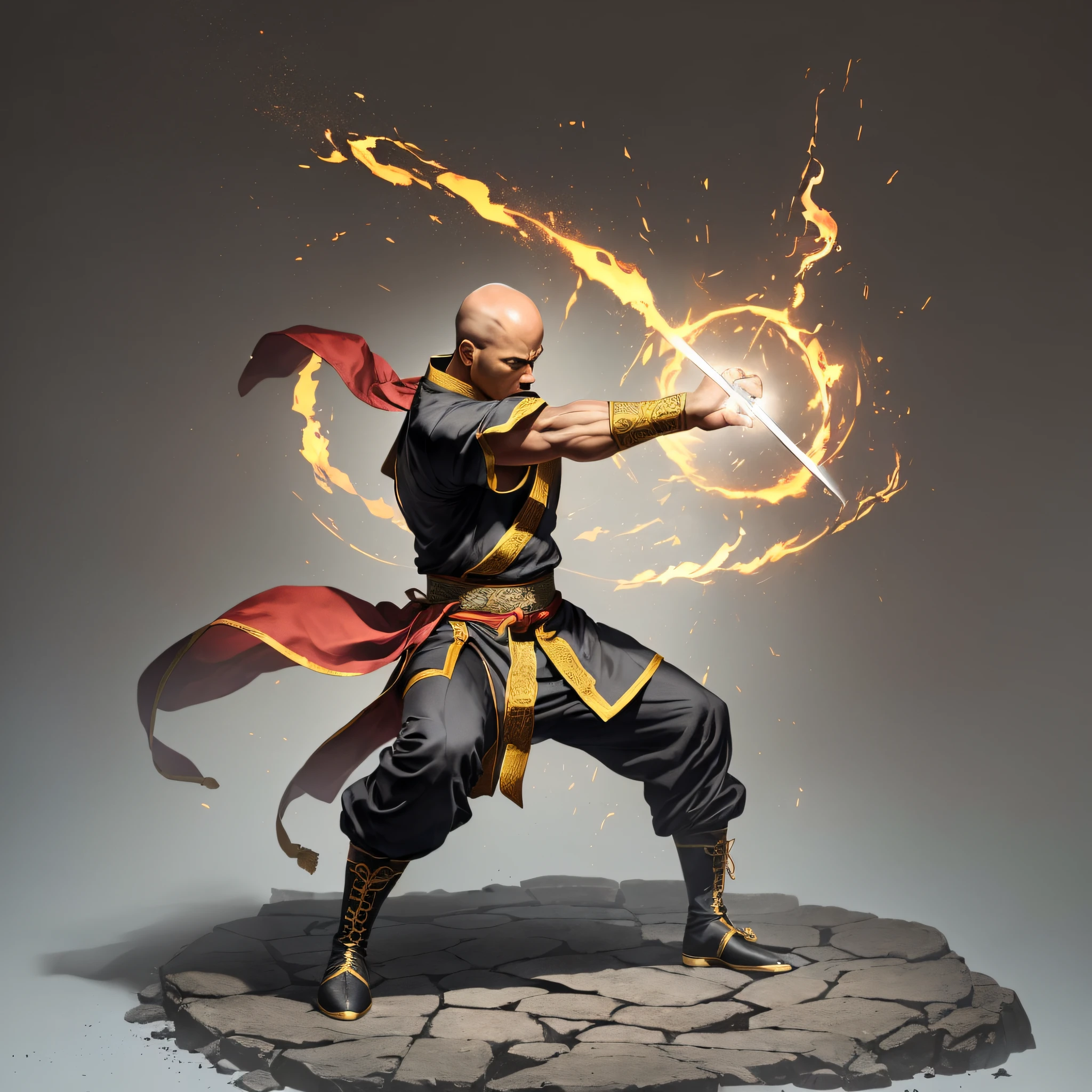 1 monk, monk facing camera, full body, perfect anatomy, (((perfect hands)), detailed intricate, costume, detailed dress, intricate dress, embroidered clothing, martial arts, rage, hd, 8k, ((shaolin)), ((monk)), warrior, artstation, powerful, realistic, art, masterpiece, standing, facing camera, facing front, looking forward, without weapons, with hands fighting posture, hands on the side of the body, Master Abbot, brown skin, black skin, brown eyes, costume in the lightest colors- black pants, red sash, green windbreaker, golden details, wearing black boots white details, minimalist clean background. (perfect body proportion), ((hand with five perfect fingers)), (perfect anatomy),(bald) hyper-realistic, 8k, mystical, brutal, fight, berserk, anger, hd, 8k, soft lighting, white background, high quality, maximum quality, flawless, one character per image, keep distance between one character and the other, strong, muscles, powerful. --auto --s2