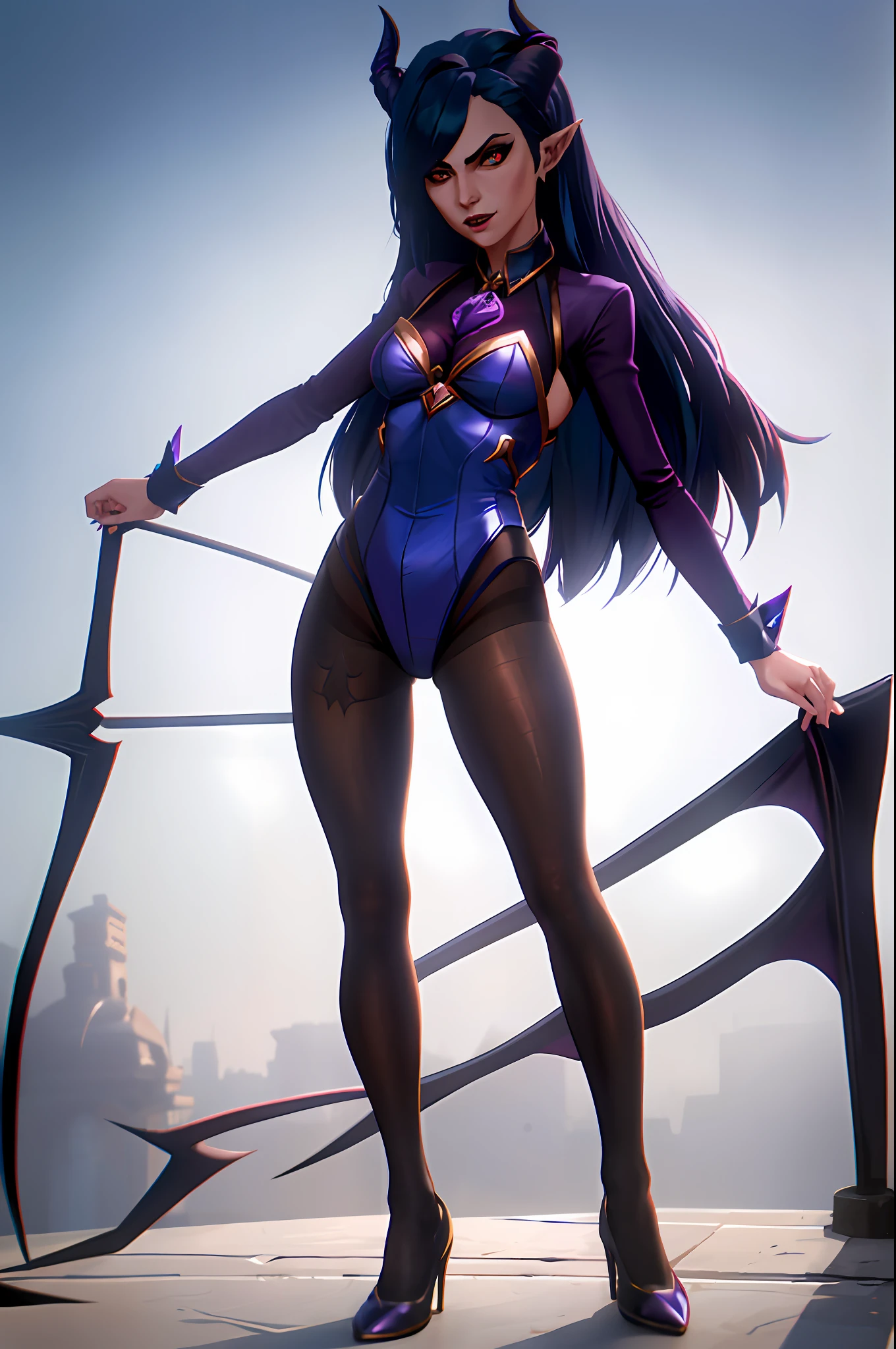 (masterpiece: 1.2, best quality), (1 milf, solo),bad luck\(league of legends\),blue (pantyhose:1.1), large breasts, (Dynamic stance), demon girl, ( small demonic horns:1.1), (, (heaven), )