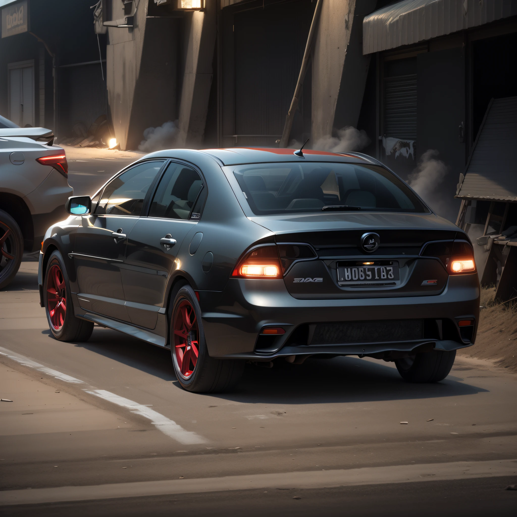 Modernize the car to a racing version, runflat tires, chrome wheels, wide tires, red flashlights on, tinted windows, led lights, two exhaust outlets, realistic, lots of detail --auto --s2