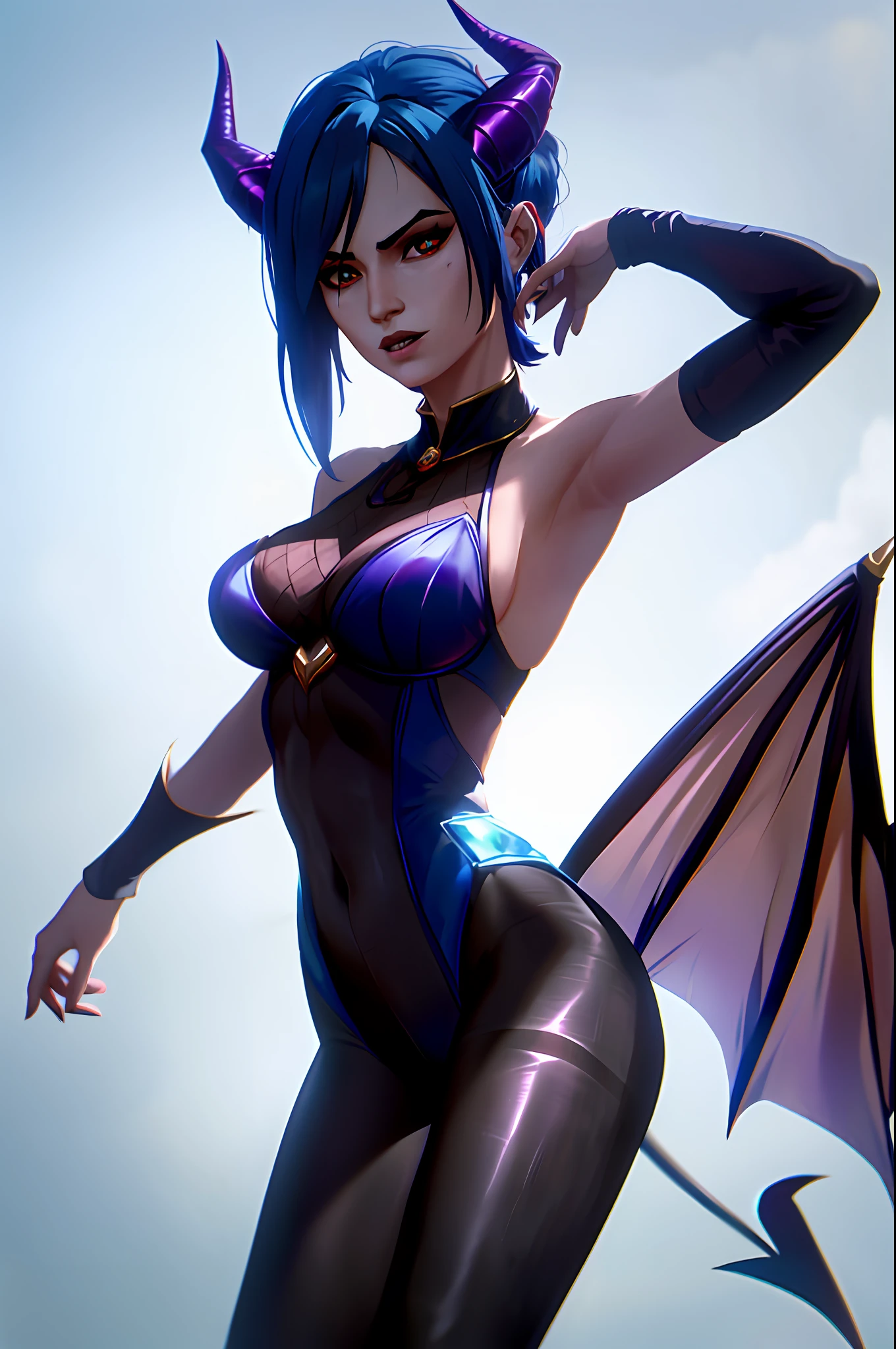 (masterpiece: 1.2, best quality), (1 milf, solo),bad luck\(league of legends\),blue (pantyhose:1.1), large breasts, (Dynamic stance), demon girl, ( small demonic horns:1.1), (, (heaven), )