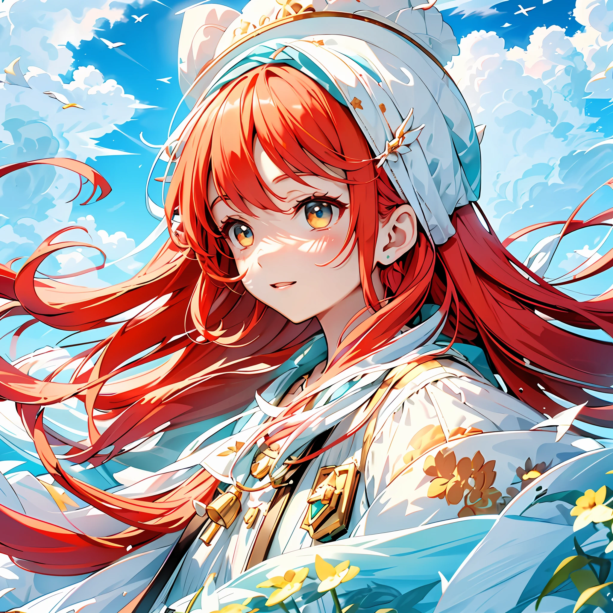 Masterpiece, Best Quality, Movie Stills, 1girl, Floating in the Sky, Cloud Girl, Clouds, (Close-up: 1.2), Bright, Happy, Funny, Soft Lighting, White Berets, Floral Ornaments on the Head, Light Red Hair, Happy Laugh, Long Hair, Closed Eyes, HD, Details