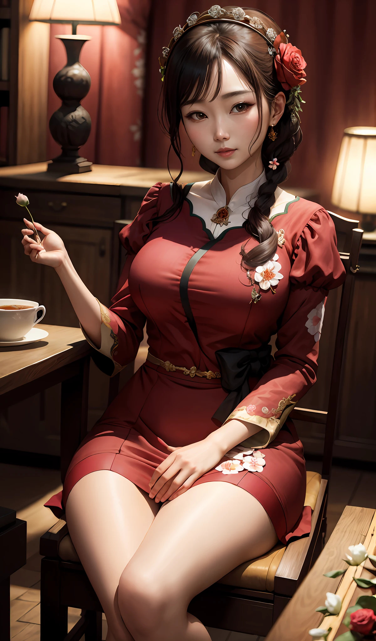 masterpiece, best quality), seated Korean, Mugunghwa flower, Sharon's rose, hand under breasts, warm lighting, dress,, blurred foreground