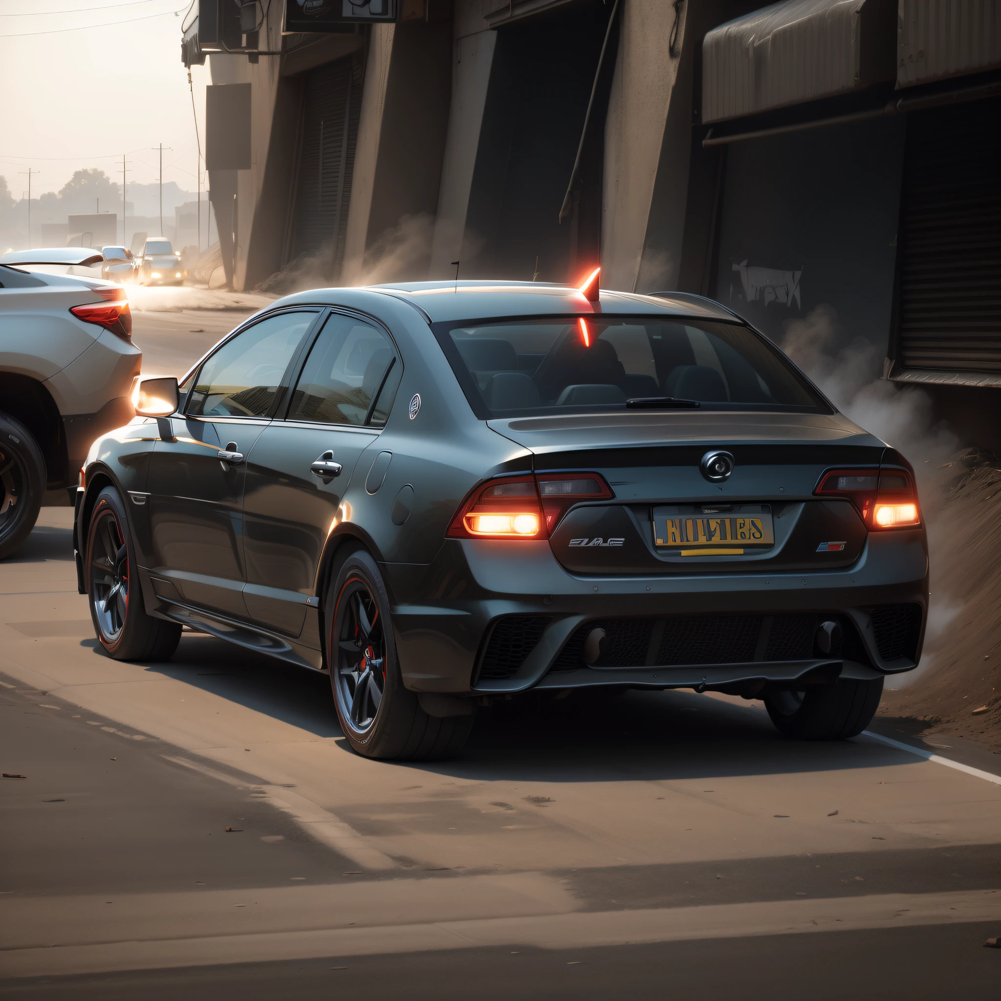 Modernize the car to a racing version, runflat tires, chrome wheels, wide tires, red flashlights on, tinted windows, led lights, two exhaust outlets, realistic, lots of detail --auto --s2