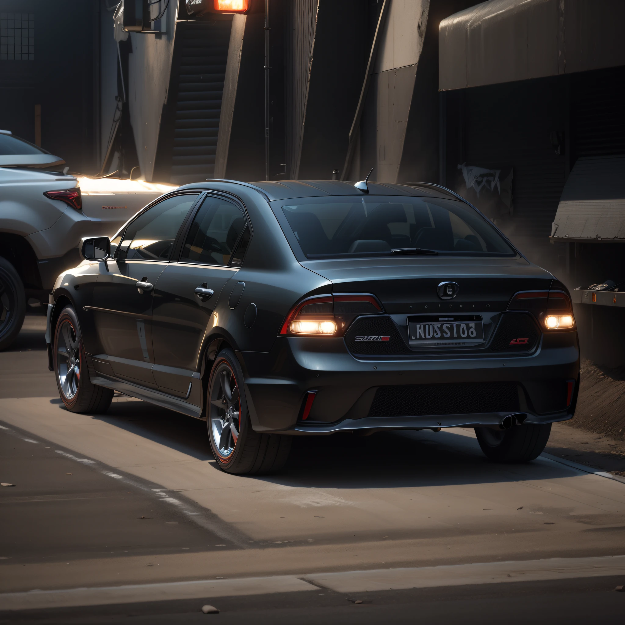 Modernize the car to a racing version, runflat tires, chrome wheels, wide tires, red flashlights on, tinted windows, led lights, two exhaust outlets, realistic, lots of detail --auto --s2
