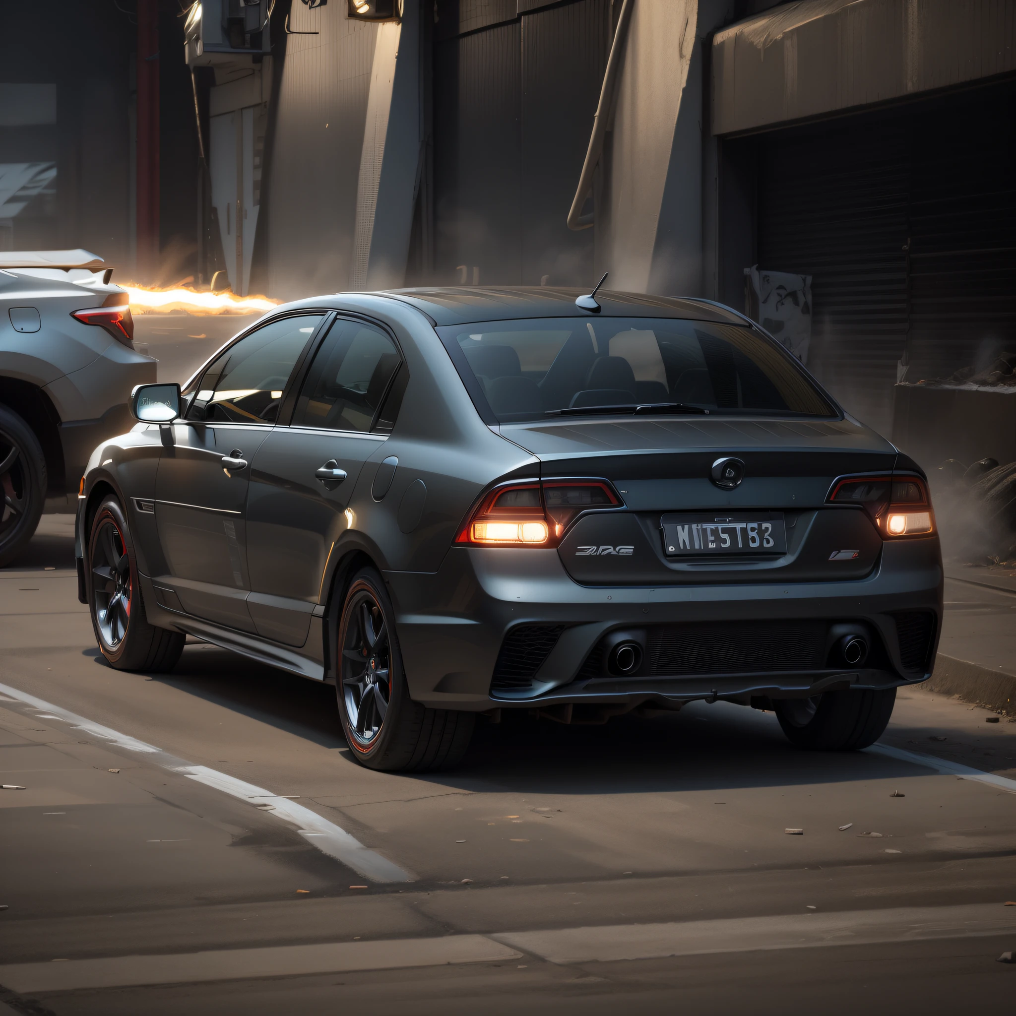 Modernize the car to a racing version, runflat tires, chrome wheels, wide tires, red flashlights on, tinted windows, led lights, two exhaust outlets, realistic, lots of detail --auto --s2