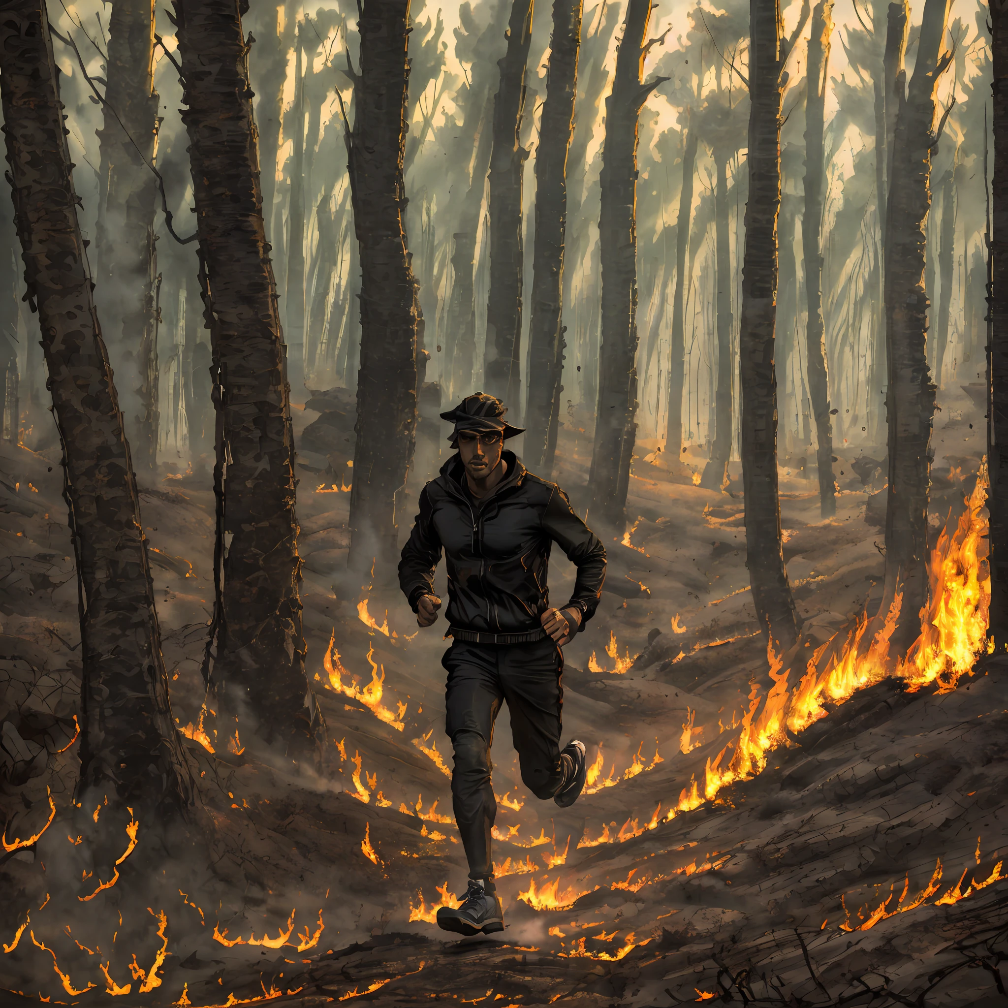 Man running in the burning lour, trees, dark, frightened man, running not to be burned, forest landscape on fire, open focus --auto --s2