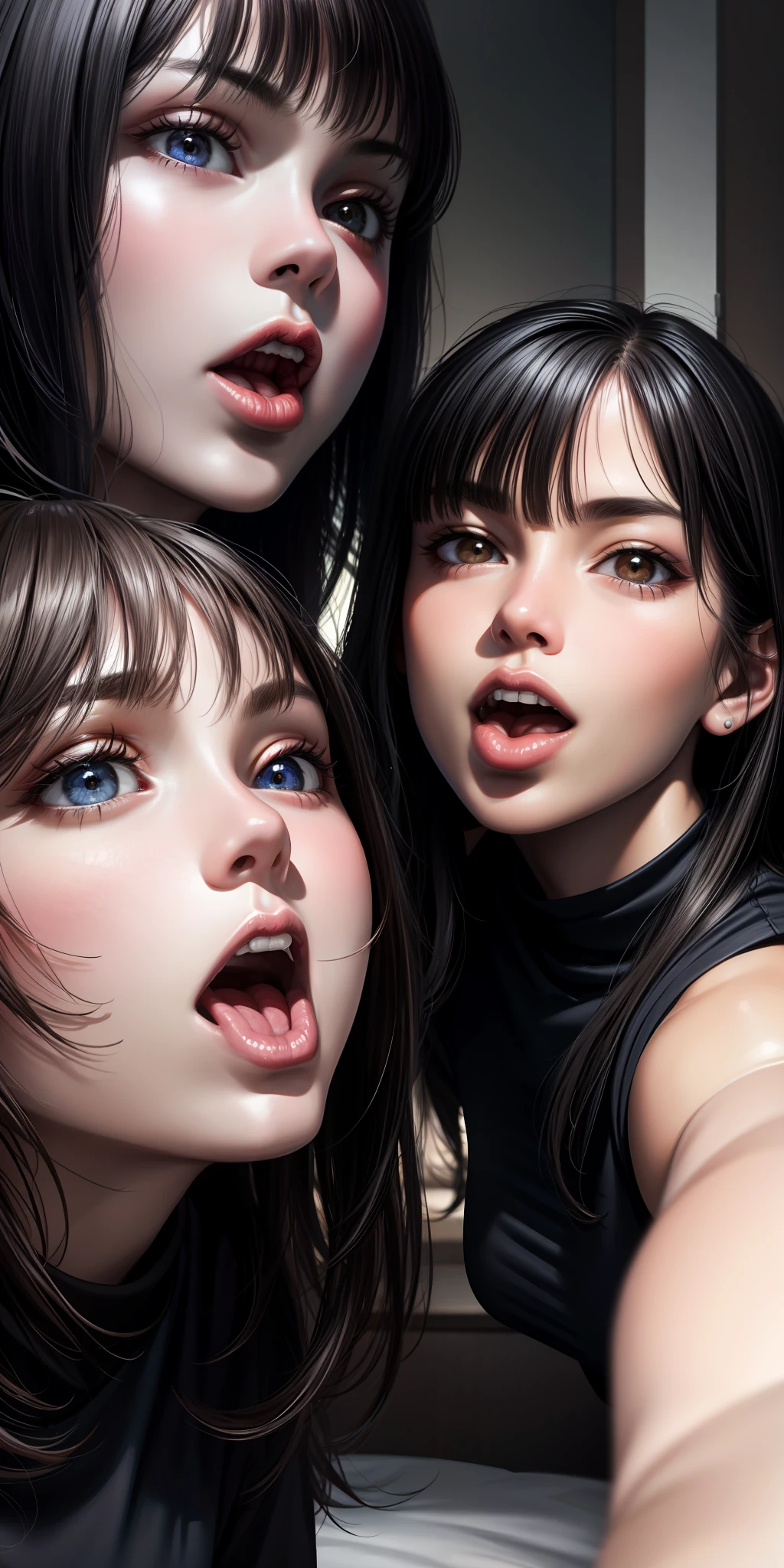 Realistic, 2 women, selfie, face enhancement, face zoom, mouth wide open, tongue out, bedroom, sitting, looking up from below